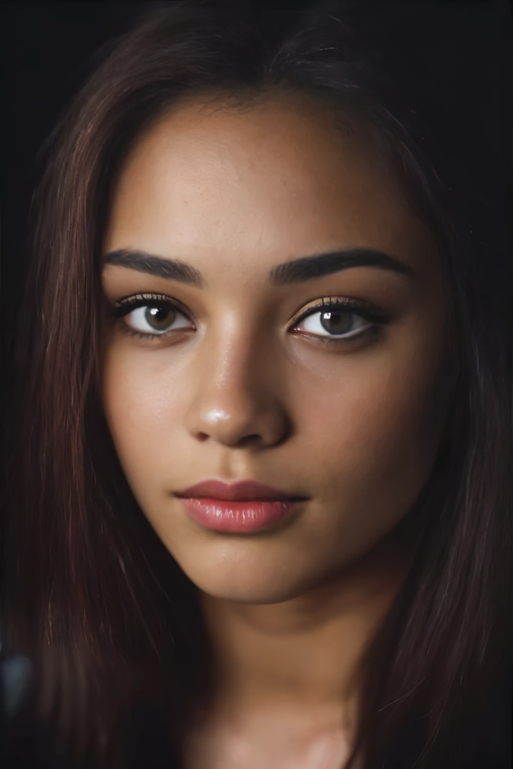 (close-up, editorial photograph of a 21 year old woman), (Highly detailed face:1.4) (Smile:0.7) (dark backgrounds, Moody, Private study:1.OV, by lee jeffries, Nikon D850, film stock photograph ,4 Kodak Portra 400 ,Camera F1.6 lens ,Rich colors ,Hyper realistic ,Lifelike texture, Dramatic Lighting , cinestill 800,