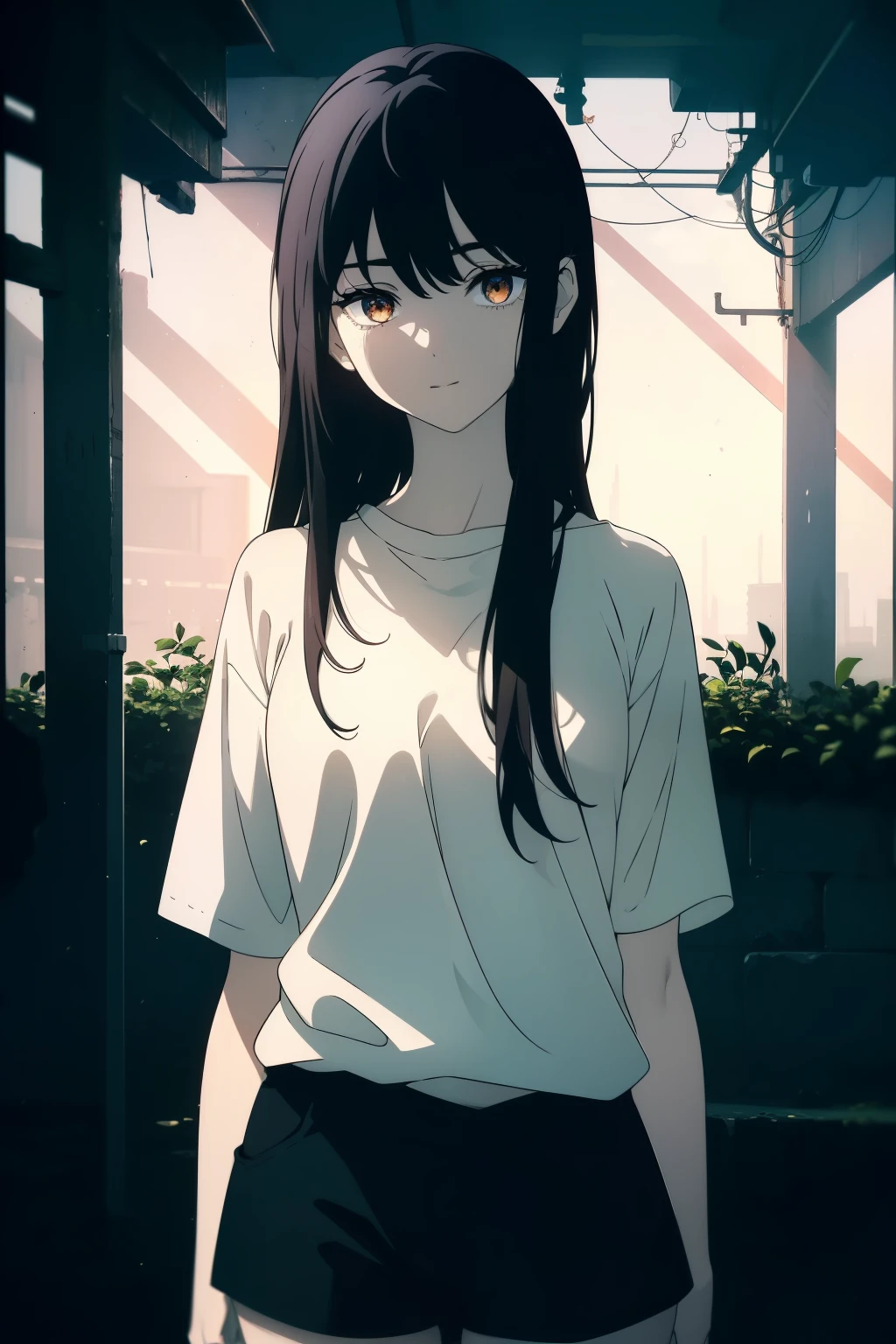 ((((Obra maestra, La mejor calidad, ultrahigh resolution)))), 1girl, standing, (baggy white t-shirt, loose fitting blue shorts), ((long black hair, black hair over eye)), long hair cut, pale skin, ((brown eyes)), glowing_eyes, neon eyes, (ultra detailed eyes:0.7, beautiful and detailed face, detailed eyes:0.9), ((centered)), smile, ((wide shot)), facing viewer, ((vibrant background, bright lighting, summer, sunlight)), flat chested, looking at viewer, ((half closed eyes)), ((perfect hands)), (((head:1, arms, hips in view, elbows, arms, in view))), ((hands behind back)), empty eyes, beautiful lighting, ((outside, outdoors)), defined subject, head tilt, (((gritty)), ((creepy)), ((cool)), ((beautiful))