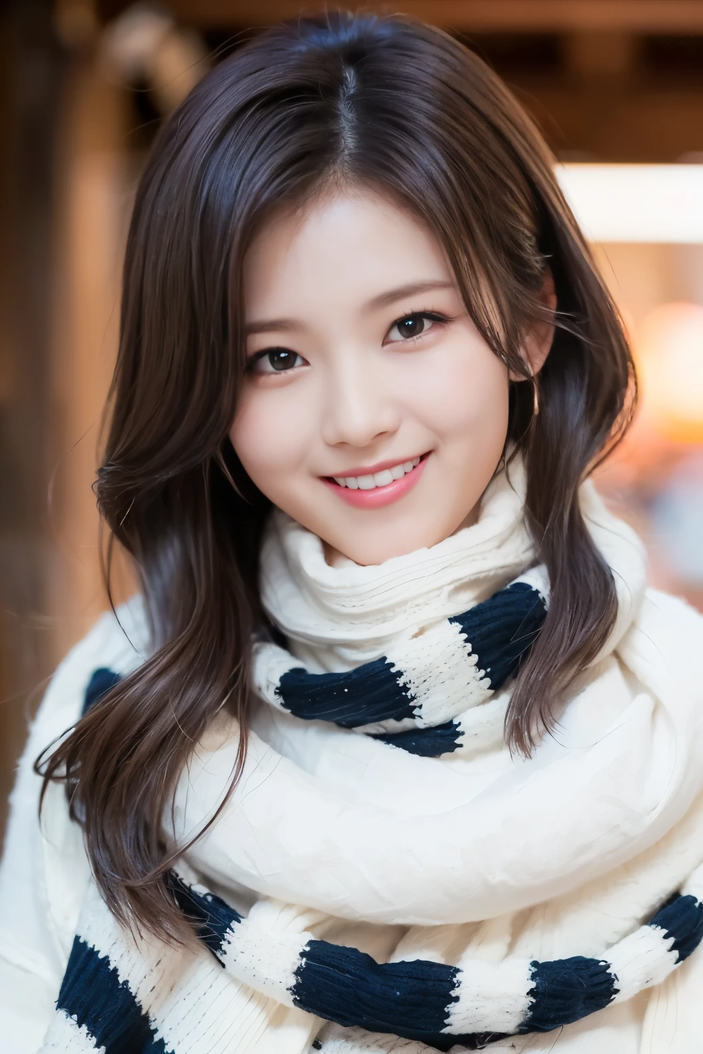 (One girl、she has a gift box in her hand、She smiles shyly、Hair fluttering in the wind.。 :1.3)、(クリスマスilluminationsのある雪に覆われた冬の夜の街角:1.5)、(Perfect Anatomy:1.3)、(No mask:1.3)、(complete fingers:1.Phototriaritic、Photography、masutepiece、top-quality、High resolution, delicate and pretty、face perfect、Delicate and beautiful air skin around the eyes、realisiticヒューマン肌、pores、(Dark hair),((no-makeup))、(realisitic、Photorealsitic、ultra-detailliert、Highest Details Skins、top-quality、​masterpiece、超A high resolution)、Cute Japan Woman、、hi-school girl、younggirl、1 girl in、I have bangs、二重まぶた、drooing eyes、Large black eyes、Charming、purity、Cute smile、Natural smile、View here、realisiticな肌質、Thick muffler、knit sweater fluffy hair、((Scarf Hair))、The wind is blowing、It's snowing、illuminations、Lighting from behind、Medium Bob Cut、Do not show ears，eyes are big，slightly flabby eyes，no-makeup，((large udder))，((Voluminous bust))