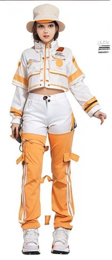 realistic girl, hat, white and orange outfit