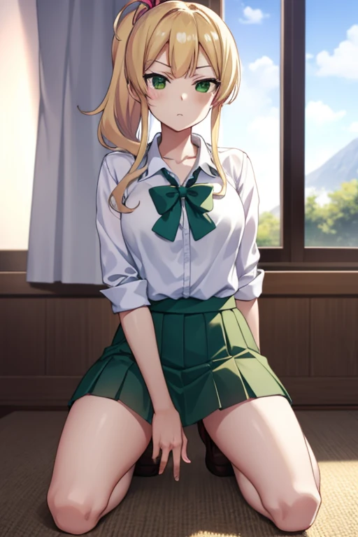 Mount Karatsu, Hachime Yukana, Long hair, Bangs, Blonde hair, hair between eye, (Green eyes:1.5), poneyTail, multicolored hair, Scrunchie, ハイ poneyTail, lip stick, gals, コgals, makeup,
BREAK skirt, Shirt, Jewelry, School uniform, 鎖骨, White Shirt, Pleated skirt, Collared Shirt, Miniskirt, 手链, Green skirt,
BREAK looking at viewer, full body Esbian,
BREAK indoors, crass room,
BREAK (masutepiece:1.2), Best Quality, High resolution, Unity 8k壁纸, (Illustration:0.8), (Beautiful detailed eyes:1.6), extra detailed face, Perfect Lighting, extremely details CG, (Perfect hands, Perfect Anatomy),with no underpants，Vacuum exposure，masturbation，with no underpants，Revelation，The vaginal opening is Exposed，Vaginal opening valgus，Scratches，masturbation，Masturbation behavior，incontinence，Milk，Exposing the vaginal opening，Vaginal opening，Exposed ，（Nude 1.5），Vaginal opening，Vaginal opening，