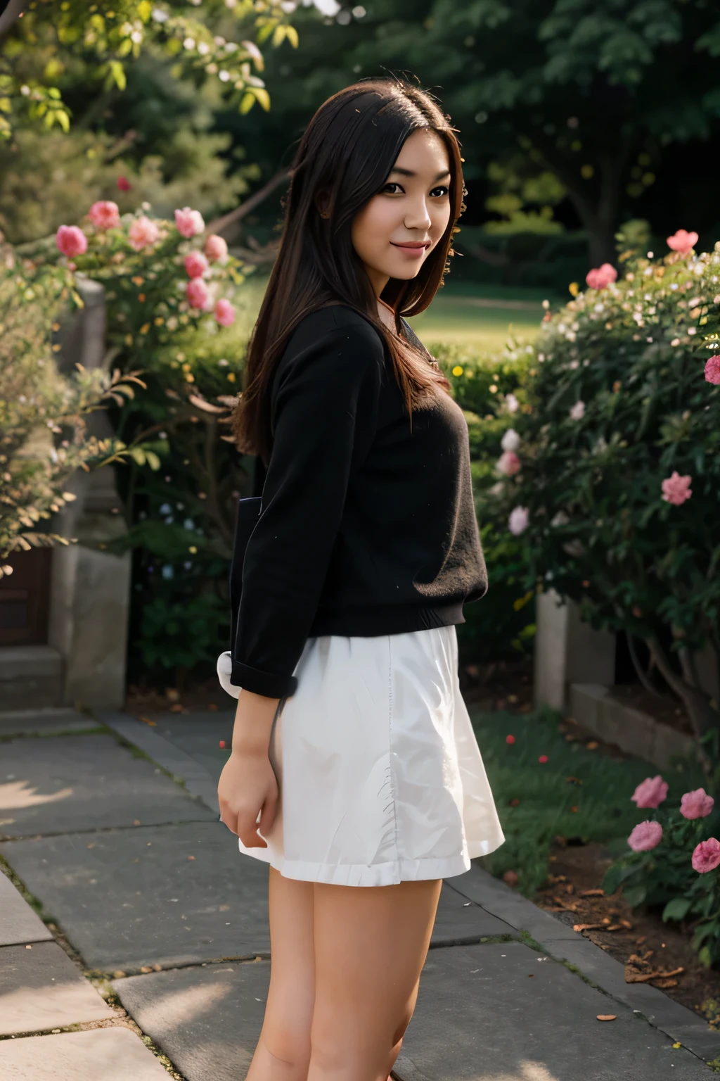 Camera Canon 85MM f/1.2L oriental girl standing in the rose garden,The light is soft,Super high quality skin,Rule of thirds composition,A lot of detail,natural silhouette,Smile photo,8k --ar 16:9 --sdxl