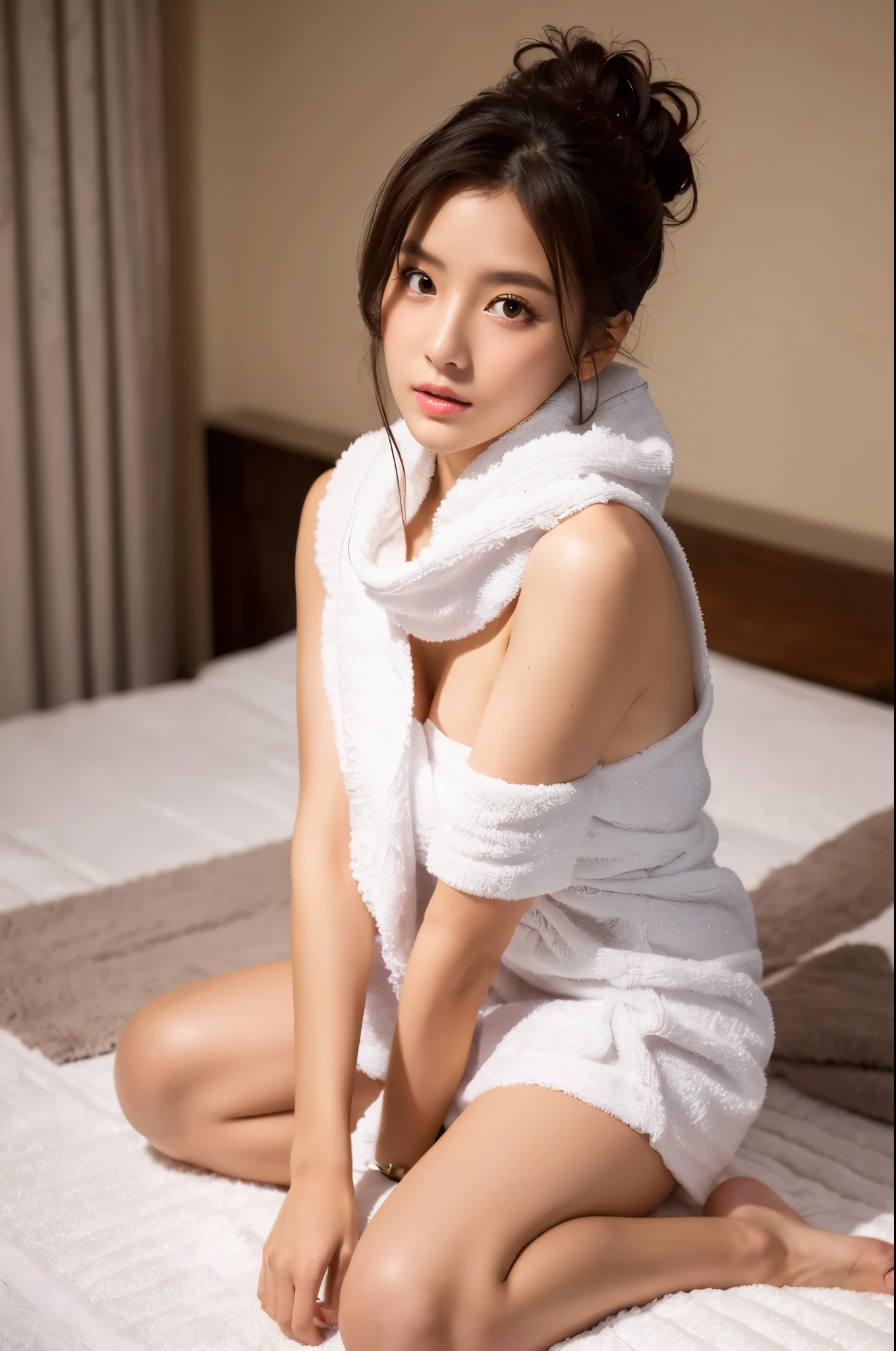 ulzzang -6500-v1.1, (Raw photo:1.2), (Photorealsitic), beautiful detailed women, (Real: 1.4), ighly detailedな目と顔, beatiful detailed eyes , ((Body Towel, Woman wrapped in towel:1.2)),  sitting on a bed、Hold your chest with your hands、game_nffsw, huge filesize, hight resolution, ighly detailed, top-quality, [​masterpiece:1.6], illustratio, ighly detailed, nffsw, finely detail, top-quality, 8k wallpaper, Cinematographic lighting, 1womanl, 23years old, perfect body type, cute droopy eyes beautiful big eyes、Pieckfinger, ((masutepiece)), Best Quality, 1womanl, eye shadow,  Idol makeup、Portrait, ((FULL BODYSHOT:1.4))、(Expression of shame:1.2)、realistic skin textures、shinny skin、Exposed thighs!!!