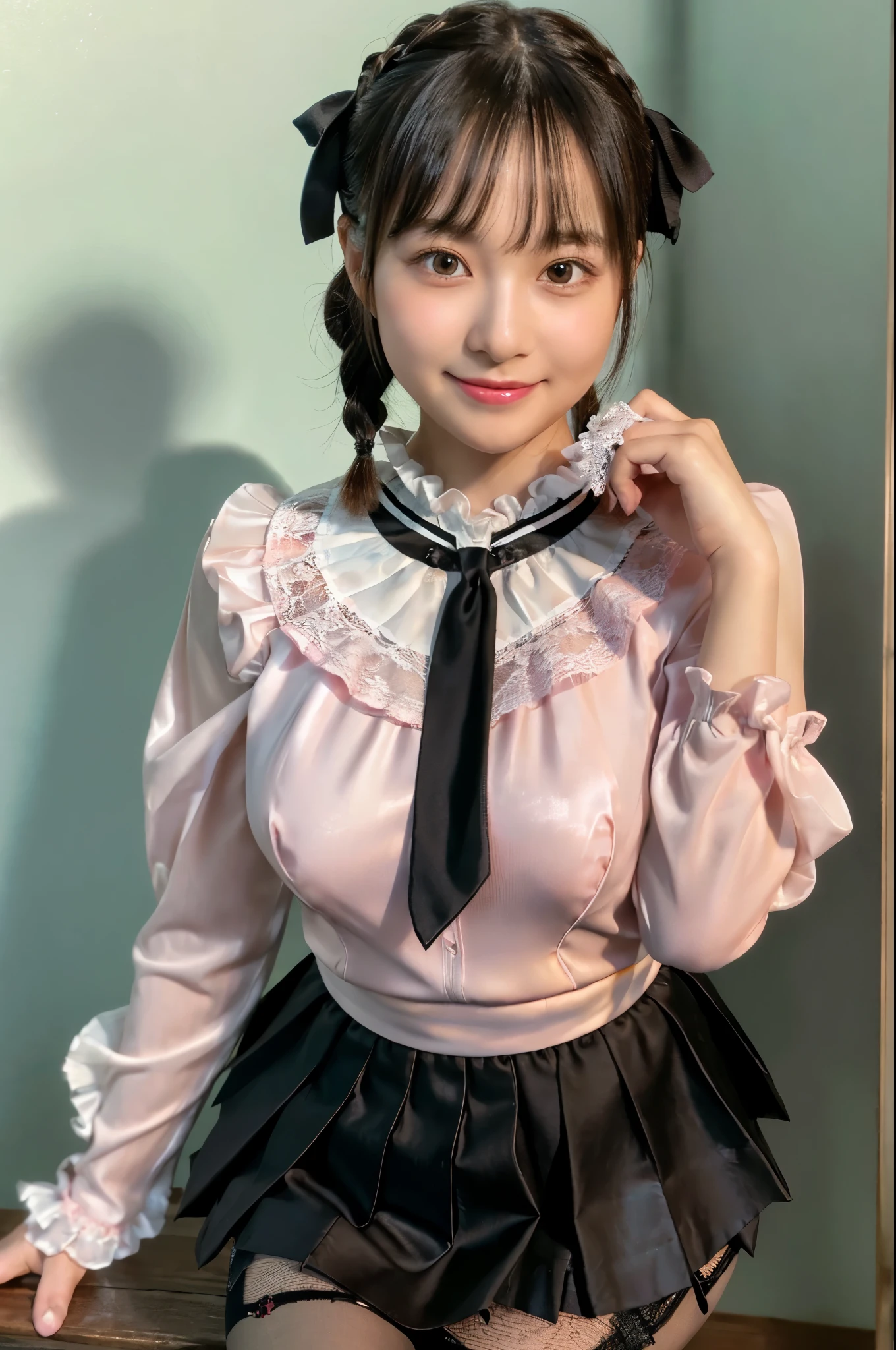 ulzzang -6500-v1.1, (Raw photo:1.2), (Photorealsitic), a beautiful detailed girl, (Real: 1.4), ighly detailedな目と顔, beatiful detailed eyes, lolita fashion women, ((Pink blouse with black ruffled lace、Black Ribbon Tie、Black Flare Mini Skirt、Moe Pose:1.3)), Standing, ((Ultra-realistic pantyhose:1.2)), game_nffsw, huge filesize, hight resolution, ighly detailed, top-quality, [​masterpiece:1.6], illustratio, ighly detailed, nffsw, finely detail, top-quality, 8k wallpaper, Cinematographic lighting, 1girl in, , perfect body type, cute droopy eyes beautiful big eyes、Pieckfinger, ((masutepiece)), Best Quality, 1girl in, eye shadow,  Idol makeup、Portrait, ((FULL BODYSHOT:1.4))、(Very affectionate smile:1.2)、realistic skin textures、shinny skin、Exposed thighs!!! Braided hair、 (White Silk Sockabrick Ruffle Rack Strap Pumps)、(is standing), In the shooting studio、