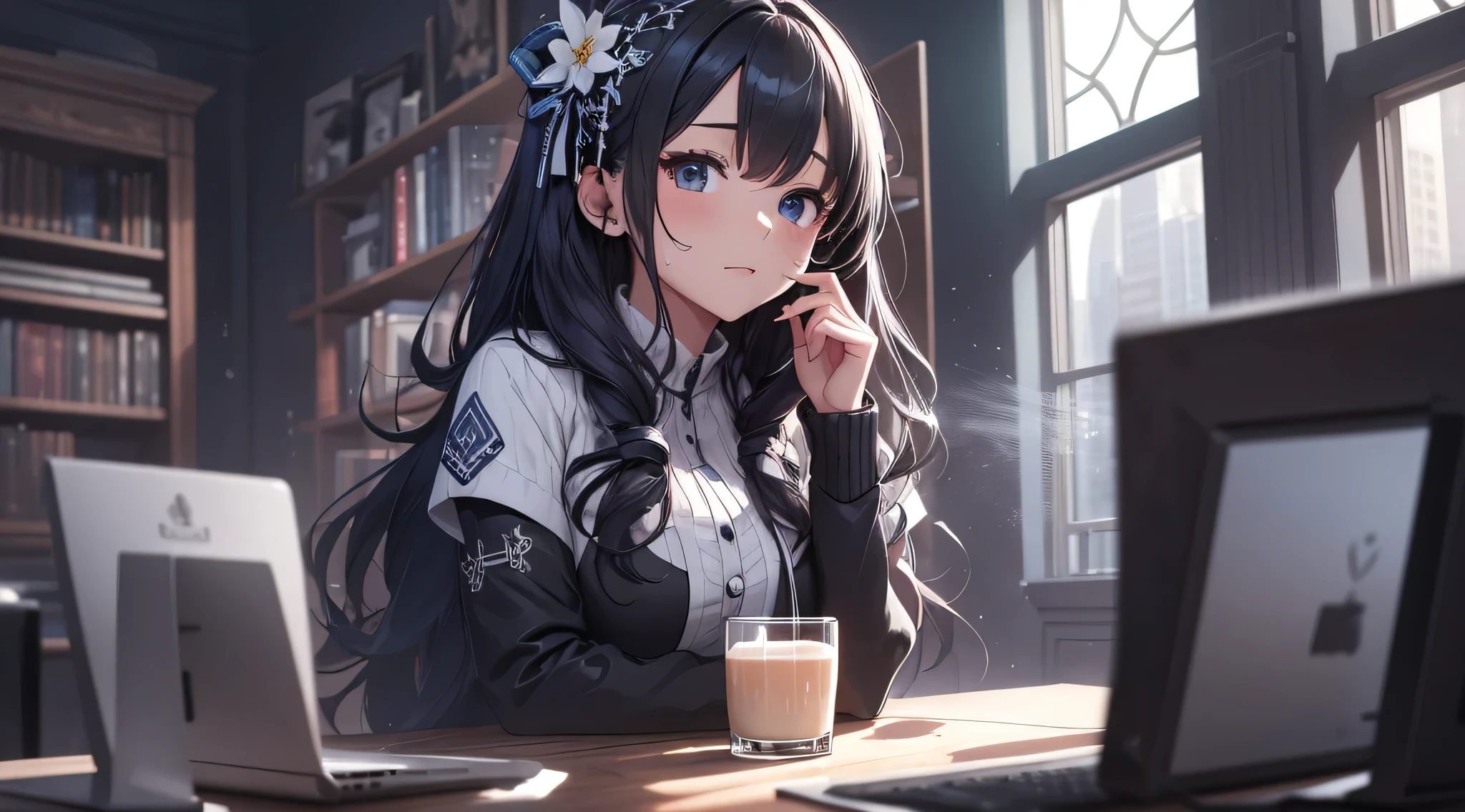 top-quality、Top image quality、masterpiece、Teenage girl((Black Suit、18year old、 Ager、Best Bust、big bast,Black eyes, Long Black Hair、A slender,Large valleys、sit a chair、Manipulate computing for your audience、be shy、Sweating)),hiquality、Beautiful Art、Background with((Calm room、bookcase、Black walls、window、snow blowing、The table、Hot milk、Christmas))masterpiece、depth of fields,Cinematic style