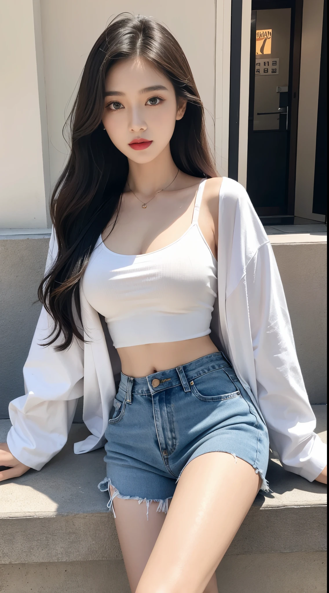Young Girls, beautiful girls, Korean makeup, Red lips, long hair, medium chest, medium body, thigh, BRA shirt, bra đen, lower abdomen, áo khoác ngoài, áo khoác đỏ, open jacket, Tight jean shorts, streetscape,