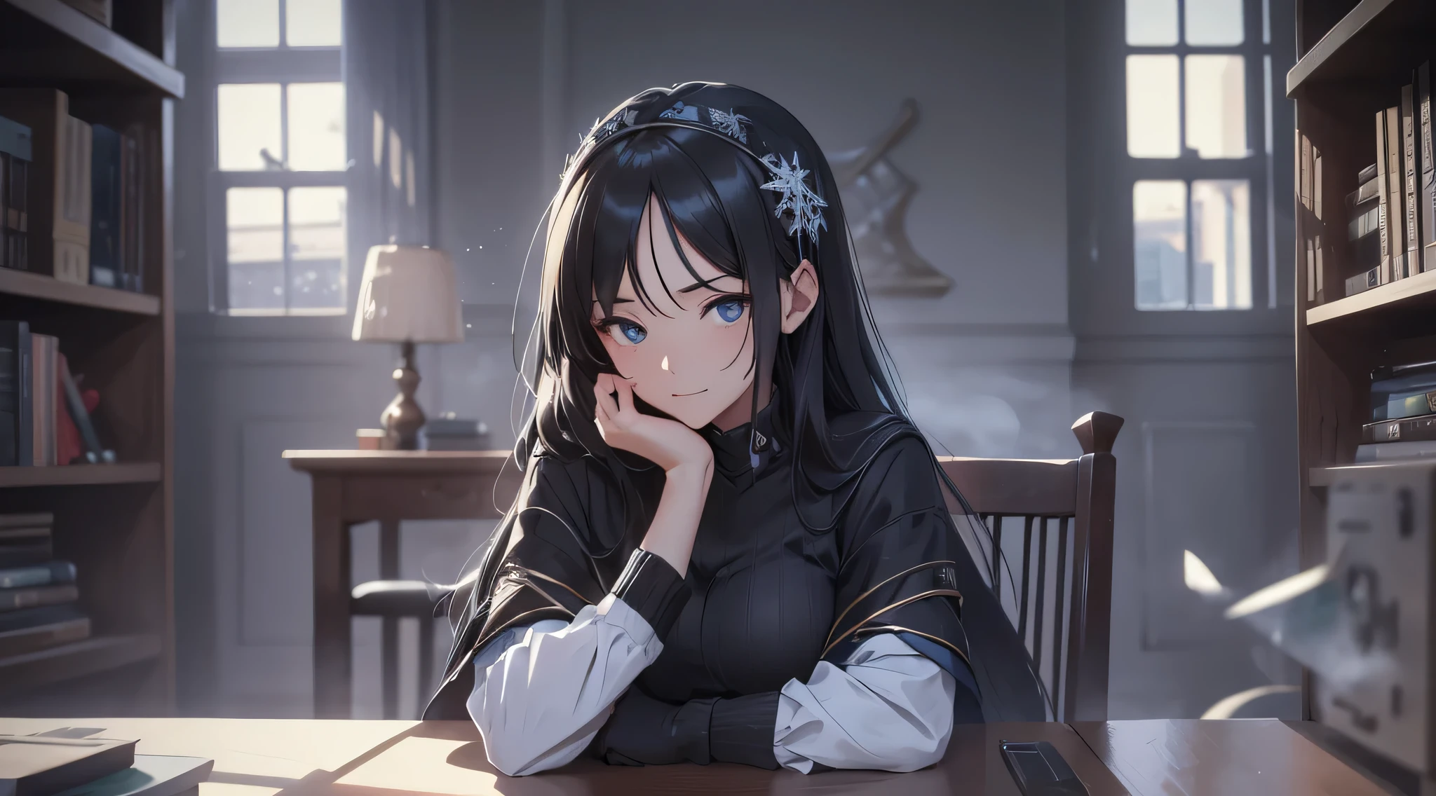 top-quality、Top image quality、​masterpiece、Teenage girl((Black Suit、18year old、 Ager、Best Bust、big bast,Black eyes, Long Black Hair、A slender,Large valleys、sit a chair、Manipulate computing for your audience、be shy、Sweating)),hiquality、Beautiful Art、Background with((Calm room、bookcase、Black walls、window、snow blowing、The table、Hot milk、Christmas))​masterpiece、depth of fields,Cinematic style