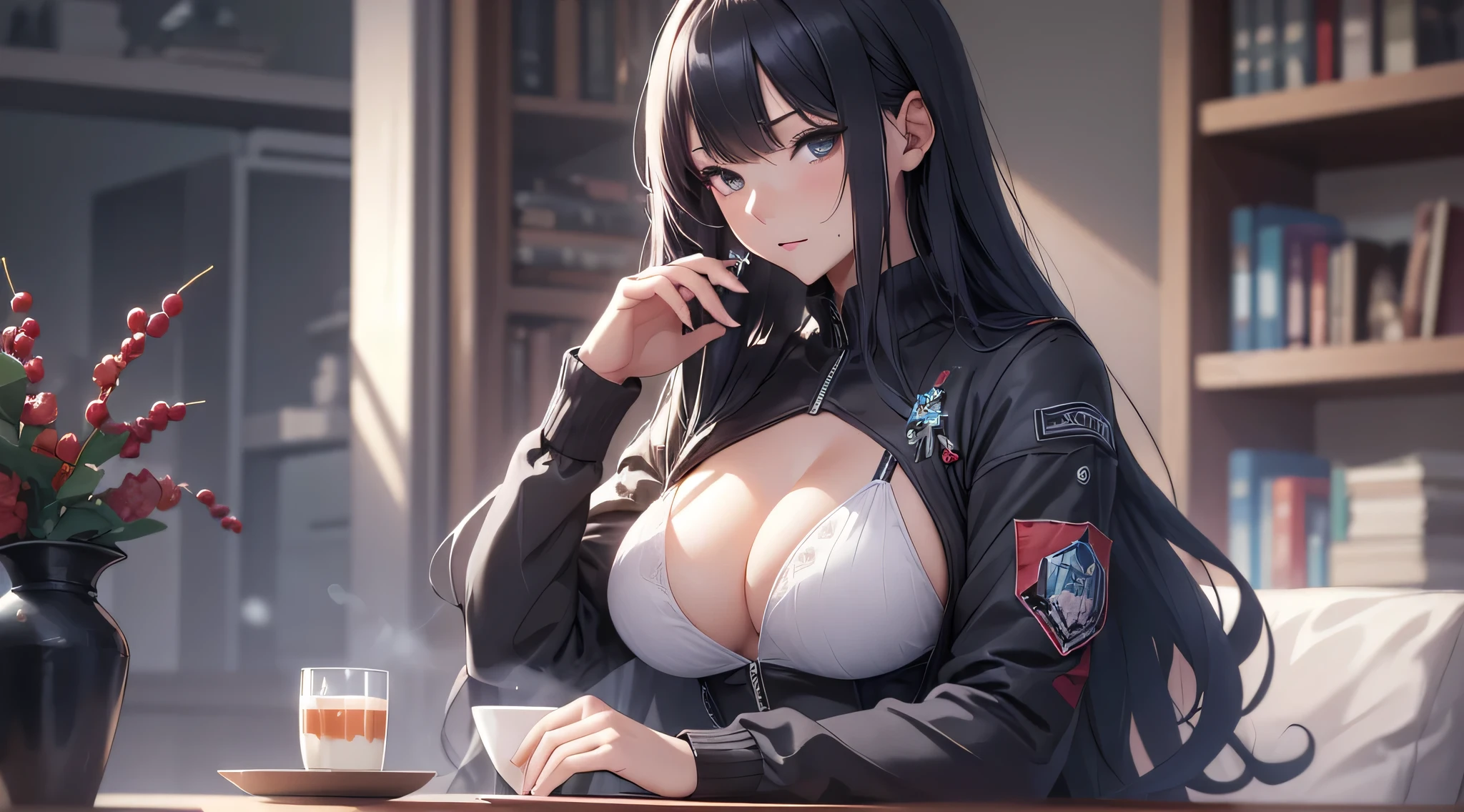 top-quality、Top image quality、masterpiece、age girl((Black Suit、18year old、 Ager、Best Bust、big bast,Black eyes, Long Black Hair、A slender,Large valleys、sit a chair、Manipulate computing for your audience、be shy、Sweating)),hiquality、Beautiful Art、Background with((Calm room、bookcase、Black walls、window、snow blowing、The table、Hot milk、Christmas))masterpiece、depth of fields,Cinematic style