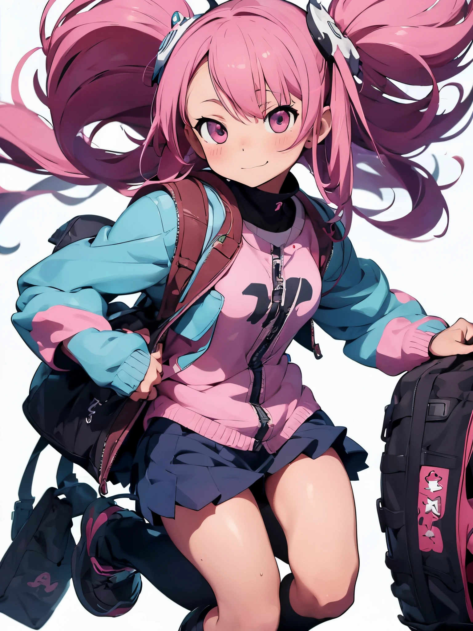 A girl with pink hair and black boots stands in front of a white background。。,{{1 girl in}},{{The hair clip is a big gear}}, Floating in the sky,anime goddess, pink twintail hair and cyan eyes, humanoid pink female squid girl, Madoka Kaname, anime moe art style, best anime character design, anime monster girl, High quality anime art style, Anime girl named Lucy, art of kirokaze pixel