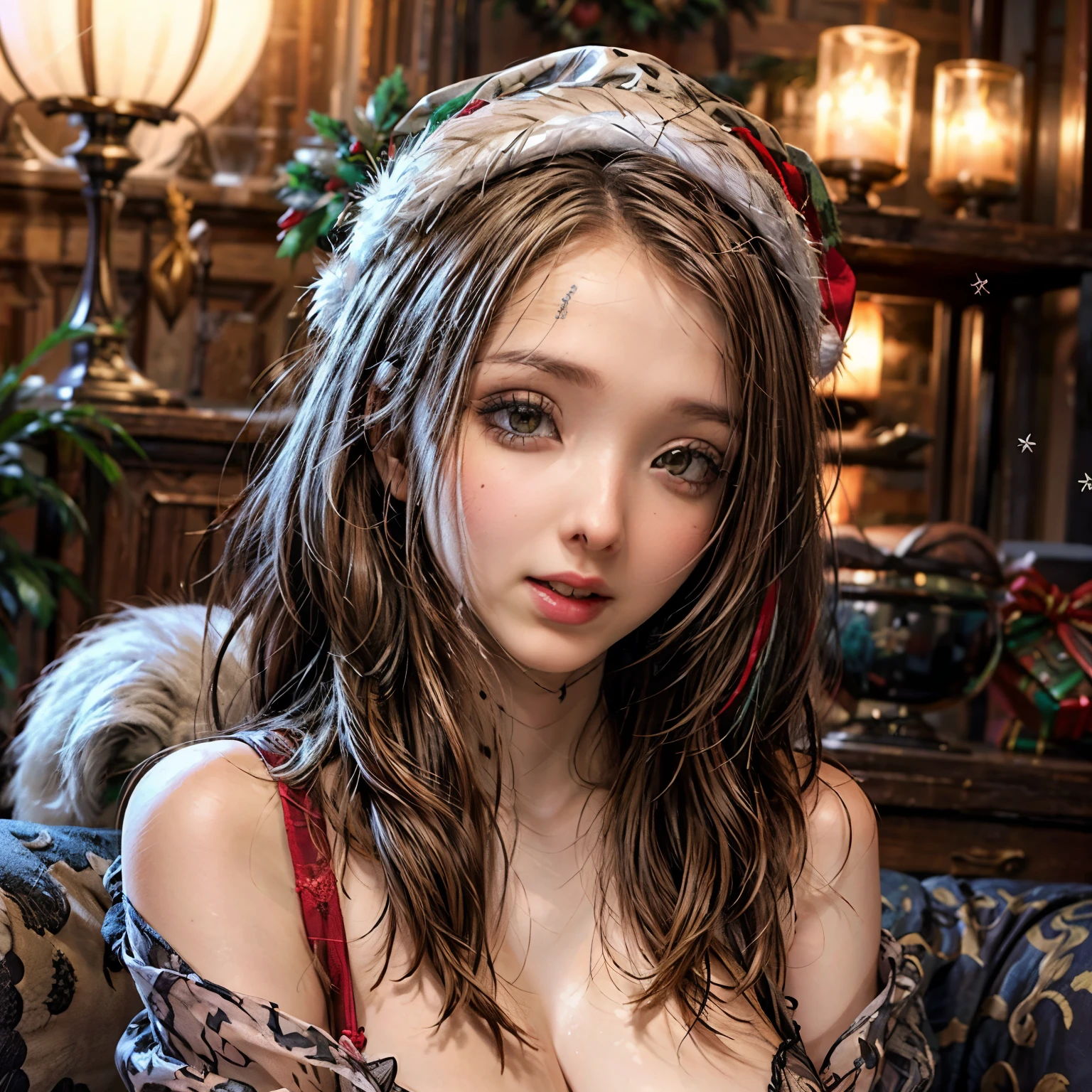 luciewilde,sexy Christmas lingerie,Christmas hat,decorated living room,tiger playfulness,joyful expression,best quality,ultra-detailed,realistic,photorealistic:1.37,portraits,vivid colors,warm color tones,soft lighting