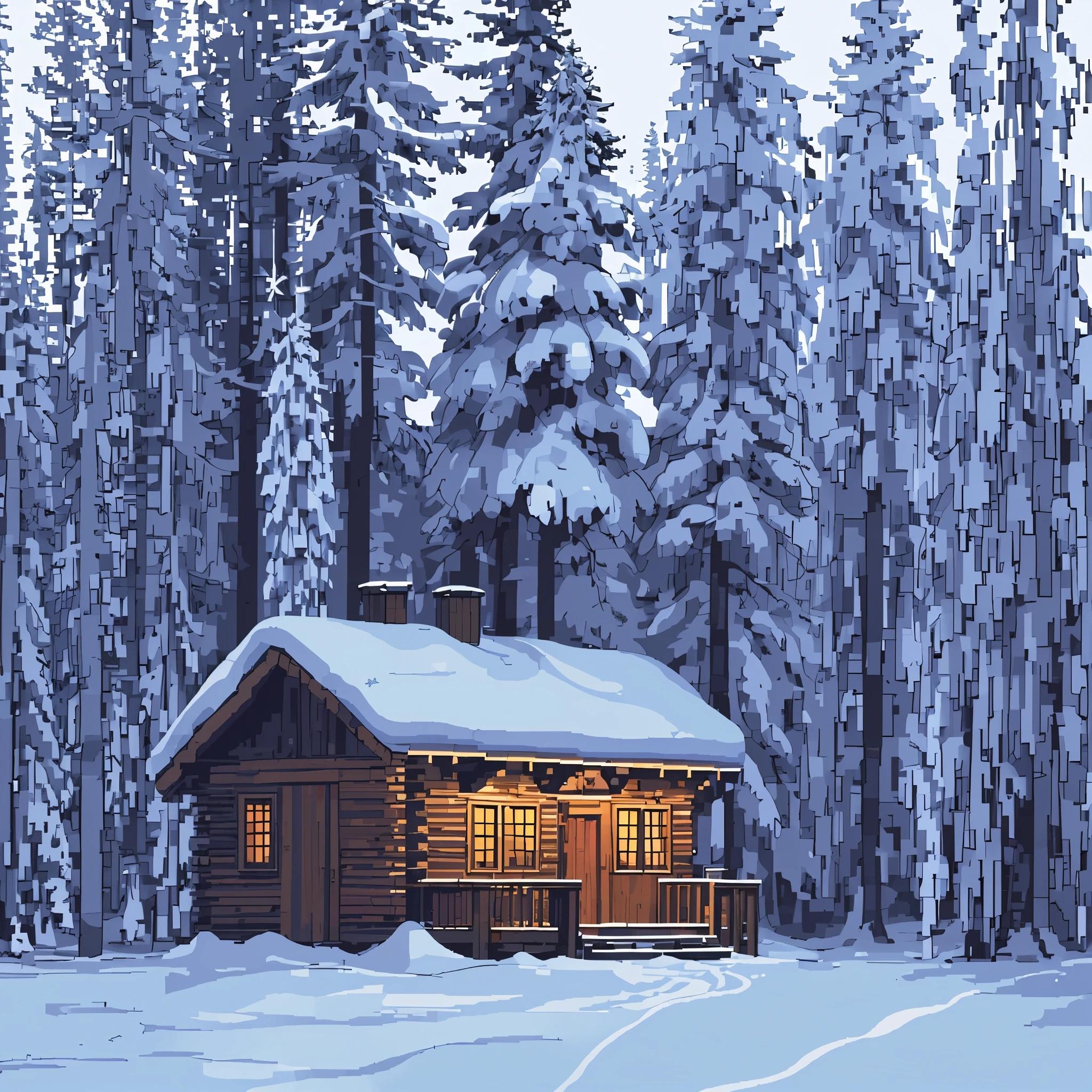 pixelart, buliding, 1 buliding,Christmas cabin in the coniferous forest,christmas,The warm light of the cabin,christmas,snowy day