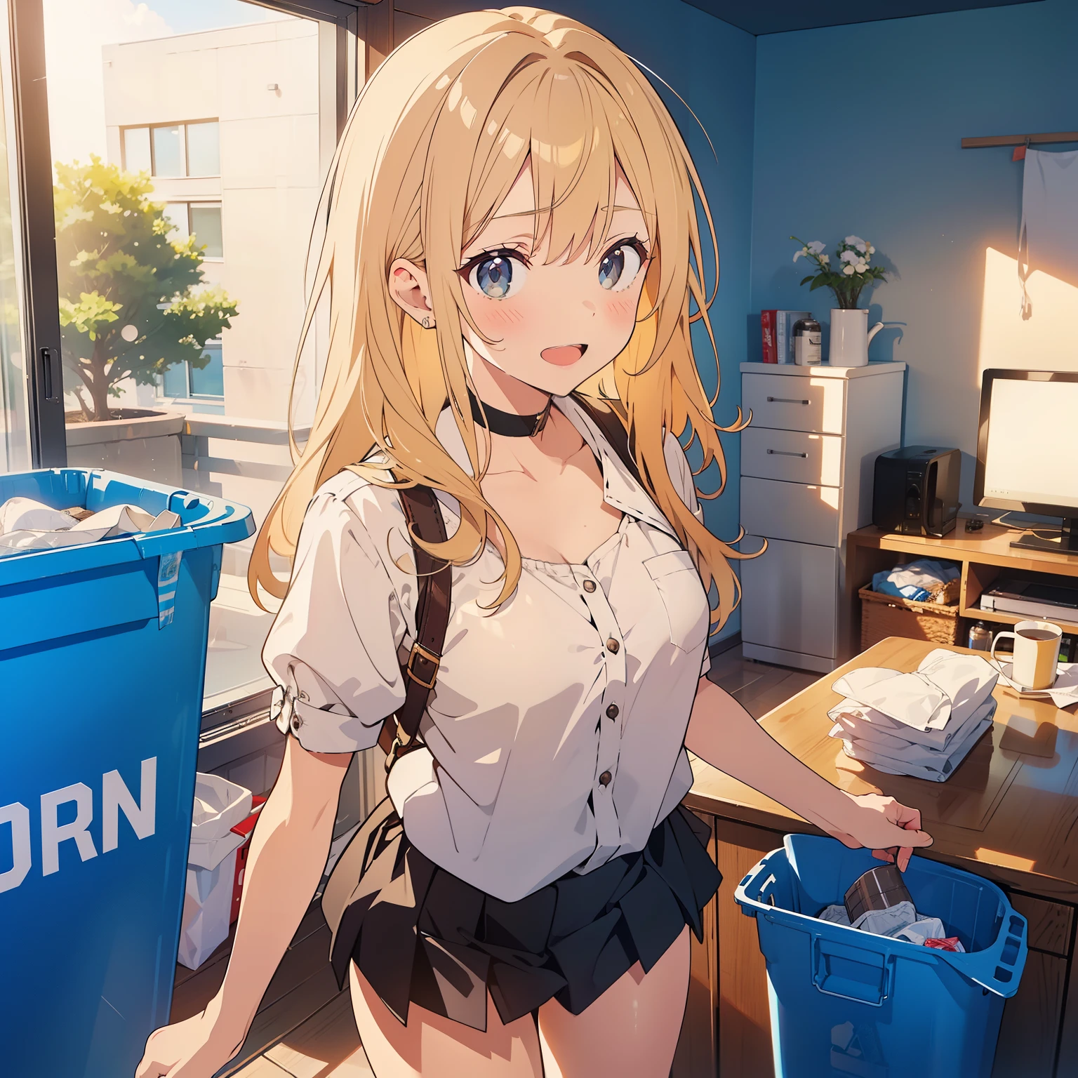 blond hair, she is getting rid of old underwear just now,{{{she is putting underwears in trash bags}}}, she is threwing out some old underwears into trash bag just now, {{{a lot of collorful underwears are into sheer-trash-bag}}}, living room,disgusted face,displeasure,{{{disgusting:1.5}}},naughty smile,indoor, i can see that inside of trash bags,open mouth,focus on trash bag, leaning forward, cowboy-shot,skirt,open mouth,focus on trash bag,{{{leaning forward}}},hold trash bag in hand,{{{trash-bag}}}, {{{sheer-trash-bag}}},focus on sheer-trash-bag,The trash-bag is so sheer that cotents is visible