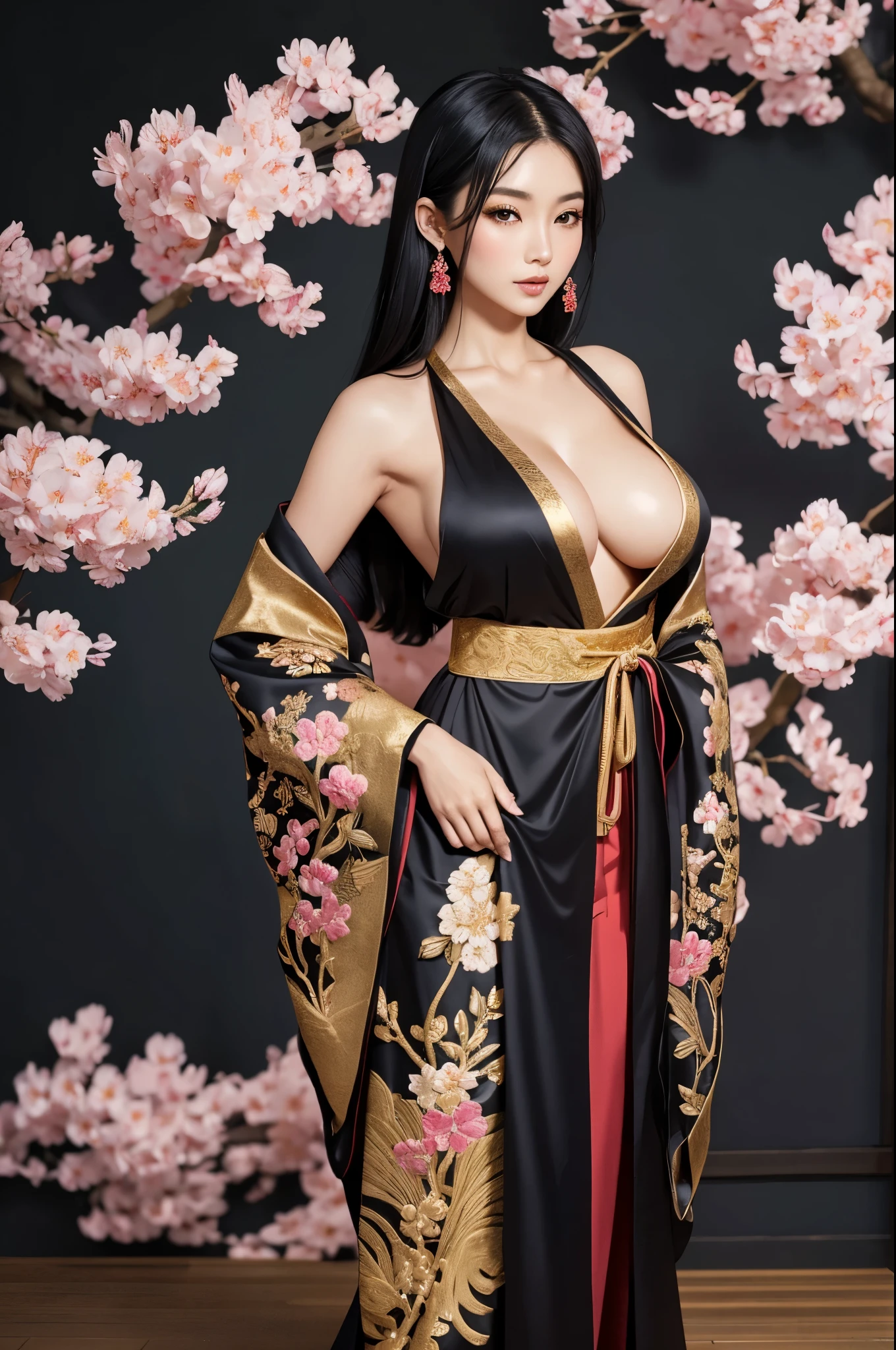 gorgeous oriental woman, silky black hair, elegant embroidered kimono, sakura flower embroidery, gold details, full body shot, cleavage, bare shoulders, standing, large breasts,