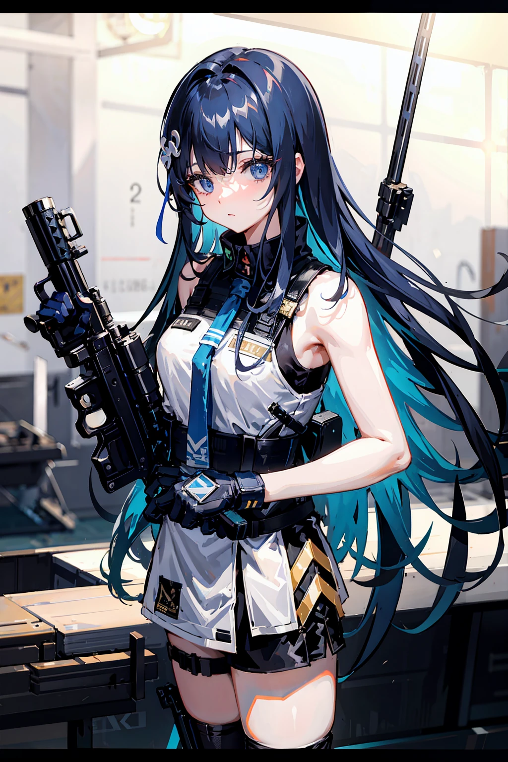 {{​masterpiece、top-quality、extremely details CG、Unified 8K Wallpapers、Cinematographic lighting、lensflare}}、Girl Shooting Rifle、Wide View、full bodyesbian、thick body、darkblue hair、blue color eyes、(holding weapons、holding rifle、aimを合わせる、aim:1.4)、guns、h&k hk416、カービンguns、open fire、opening fire、