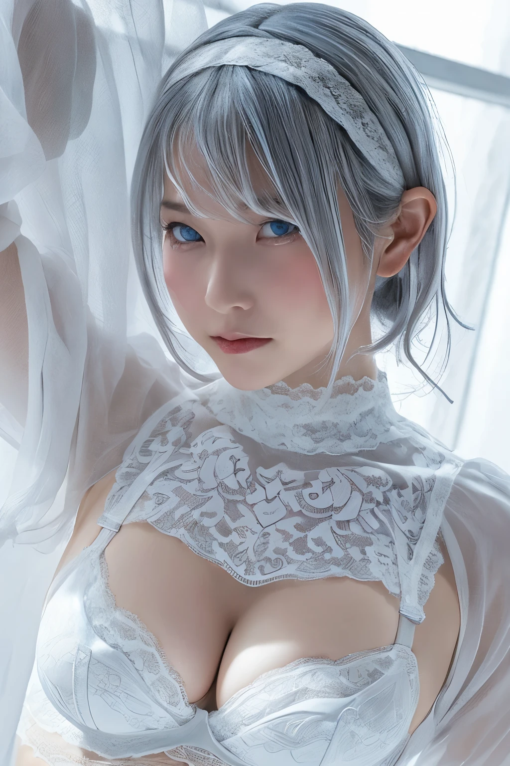 ((High quality)),masutepiece,(Detailed depiction of local details:1.2),1girl in,Blue eyes,((E cup with firmness))、((Colossal tits)),Closed mouth,Eyelashes,Looking at Viewer,Portrait,Solo,Upper body,White hair,Black theme,Short hair,Silver hair,((Black Hair Band)),((White lace bra))、Yorha No. 2 Type B,