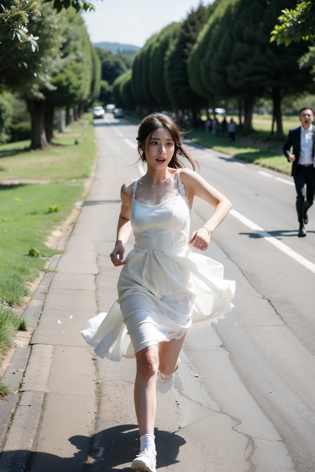 Girl in white wedding dress,One hand holds a wedding dress,Running vigorously in the countryside,A group of people dressed in black were chasing after them, shouting loudly to stop and don’t run.