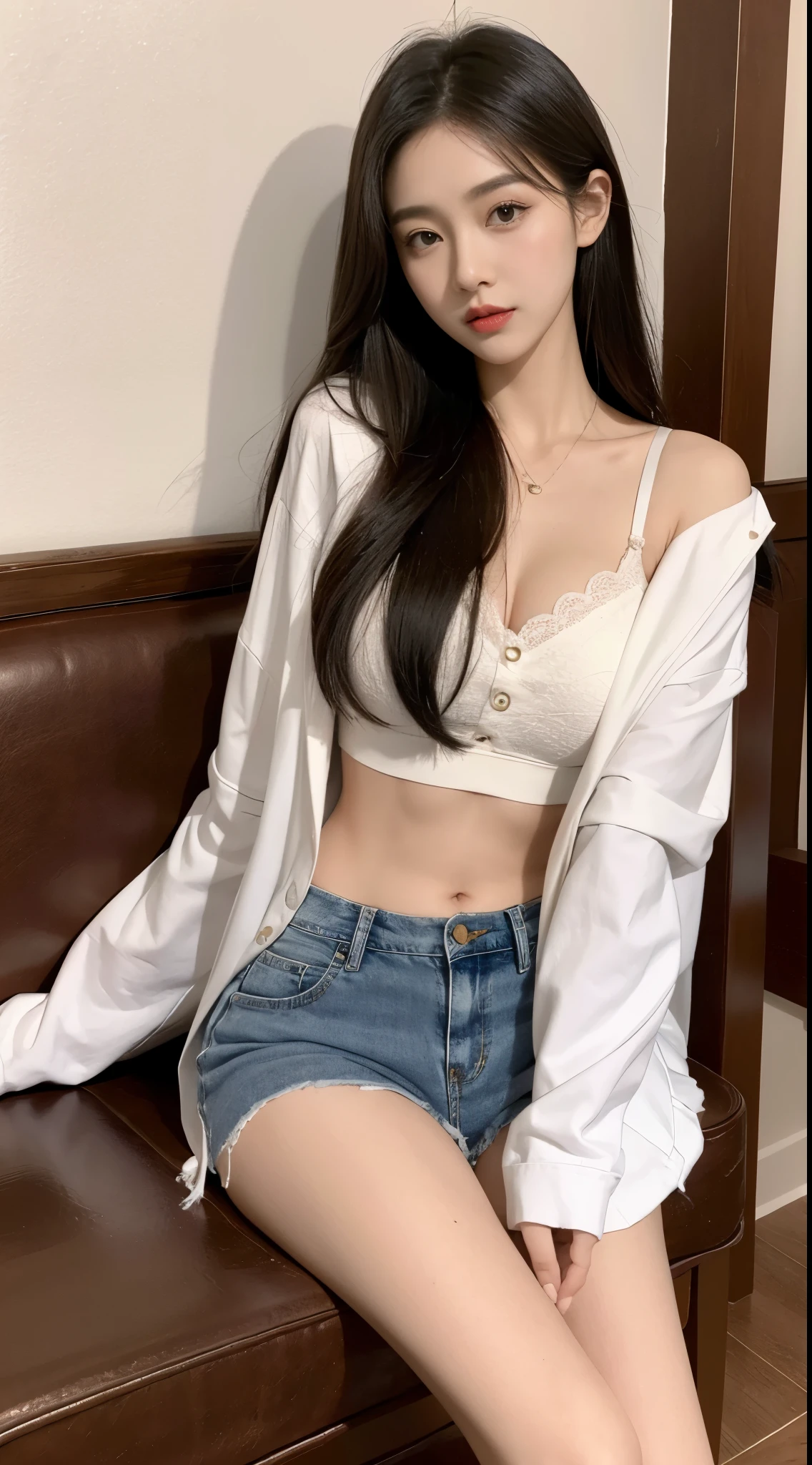 Young Girls, beautiful girls, Korean makeup, Red lips, long hair, medium chest, medium body, thigh, BRA shirt, bra đen, lower abdomen, áo khoác ngoài, áo khoác đỏ, open jacket, Tight jean shorts, streetscape,