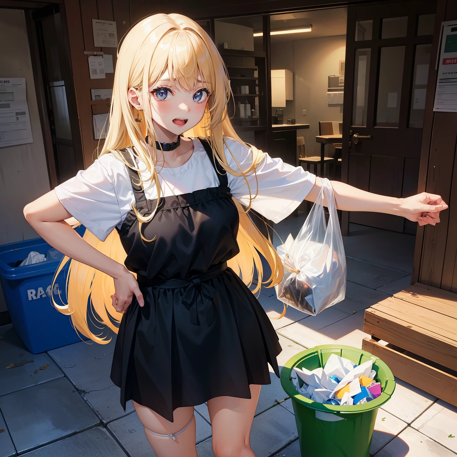 blond hear, she get rid of old panties,{{{she is putting underwears in trash bags}}}, she threw out some old underwears into trash bag, many collorful underwears are into Translucent trash bags, living room,disgusted face,displeasure,{{{disgusting:1.5}}},naughty smile,indoor, i can see that inside of trash bags,open mouth,focus on trash bag, leaning forward, upper body,open mouth,sweater dress,{{{shaded face}}}