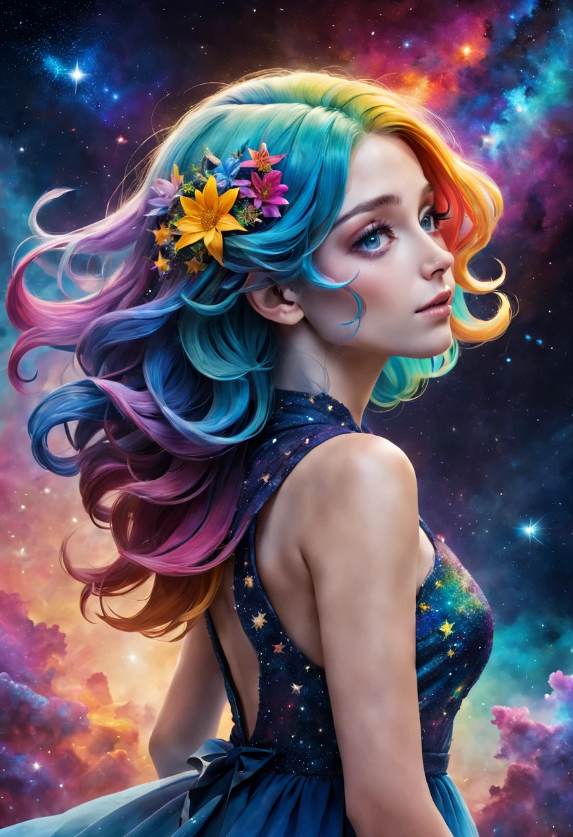 A girl with rainbow-colored hair，sideface，A flower stuck in his hair，Exquisite blue dress, cosmic nebula background, As estrelas, galaxias, Complicated details,
