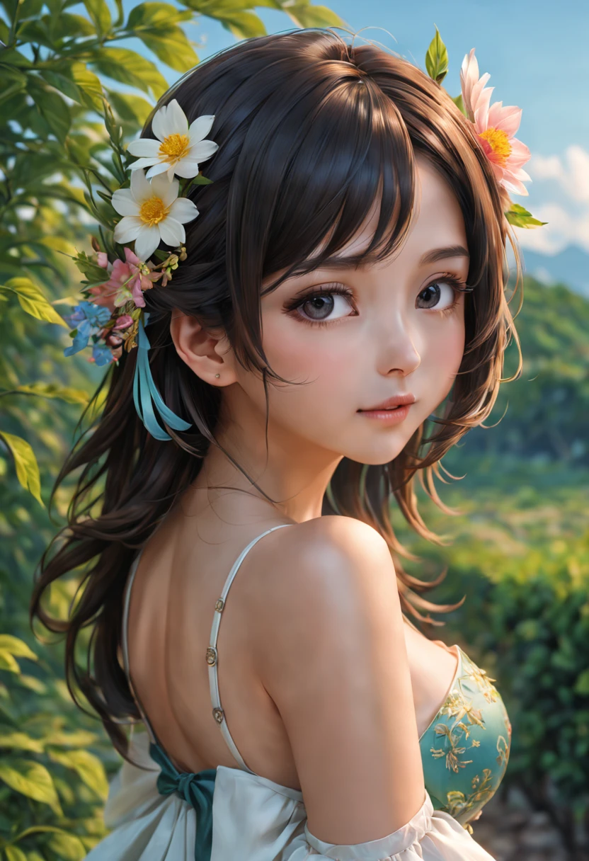 皮克斯ventania格，Cute girl with a flower in her hair，sideface, extremely detaild的 CG unified 8k wallpapers, Amazing Cleavage, finely detailled, Alone, {{Fluttering}, }, {{SakuraNS}, }, Outdoor activities, Skysky, {{ventania}, }, detailedbackground, 美丽细致的眼睛, Meticulous clothes, 电影灯光, closeup cleavage, Best quality at best