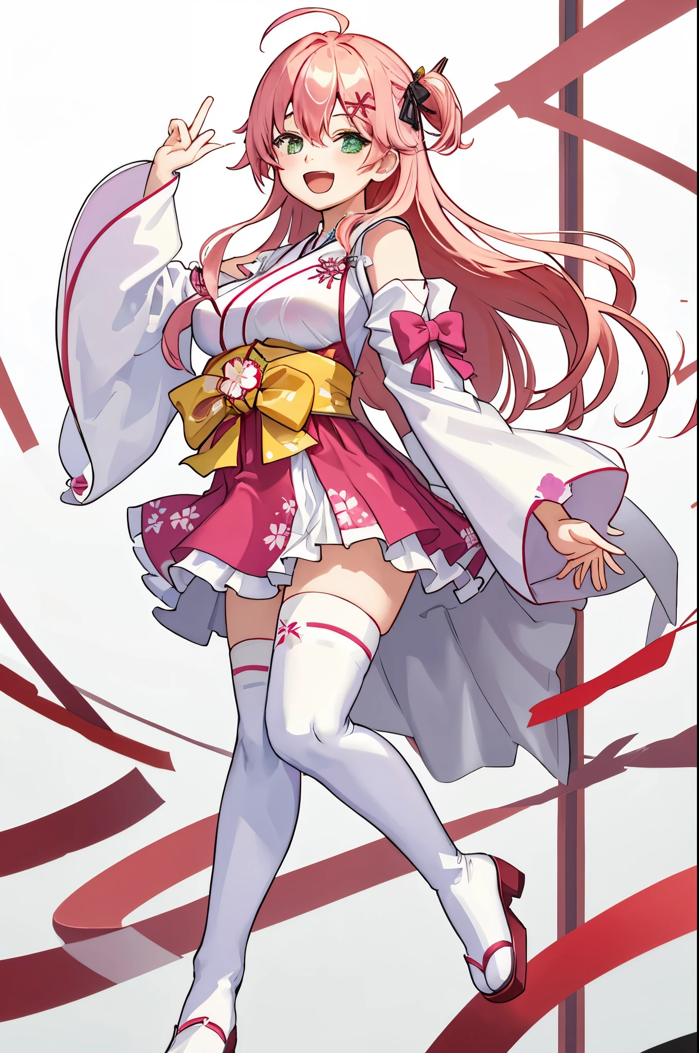 masterpiece, best quality, highres, miko1, sakura_miko, 1girl, green eyes, solo, ahoge, x_hair_ornament, pink_hair, floral print, hairclip,side_less_clothes, (sideboobs:1.4), hair_bell, floral print, long_hair, hair between eyes, one side up, white thighhighs, asymmetrical legwear, wide sleeves, open_mouth,happy,close_eyes, smile,jumping,rising_leg,plump,apart_legs,(overly_long_sleeves:1.1),(beautiful_fingers),sleeves_past_wrists,hands_hidden_sleeves