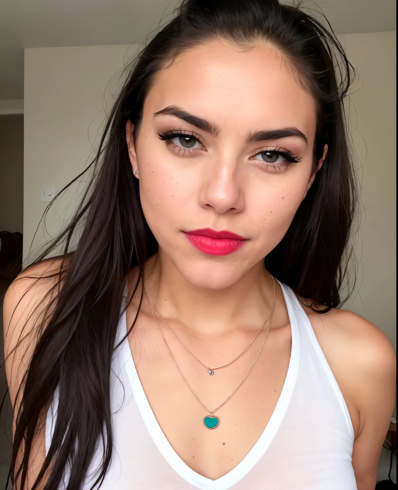 RAW photo, full body portrait of an angry beautiful woman, she wearing a white tanktop, highly detailed skin, 8k uhd, dslr, soft lighting, high quality, film grain, Fujifilm XT3 intricate skin details, visible skin detail, detailed skin, detailed skin texture, mascara, red lipstick, dark eyeshadow, ( wearing a small key on a necklace)