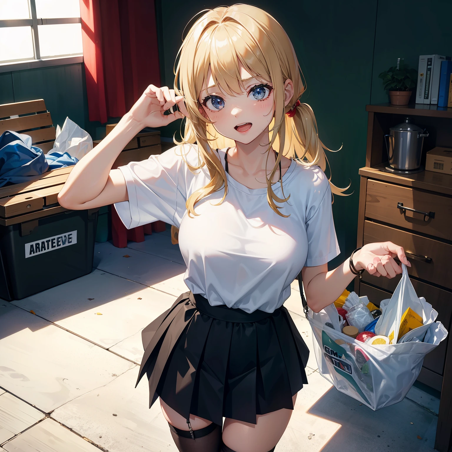 blond hair, she is getting rid of old panties just now,{{{she is putting old underwears in trash bags}}}, she is threwing out some old underwears into trash bag just now, {{{a lot of collorful underwears are into Translucent-trash-bag}}}, living room,disgusted face,displeasure,{{{disgusting:1.5}}},naughty smile,indoor, i can see that inside of trash bags,open mouth,focus on trash bag, leaning forward, cowboy-shot,skirt,open mouth,focus on trash bag,{{{leaning forward}}},hold trash bag in hand,{{{trash-bag}}}, {{{sheer-trash-bag}}},focus on sheer-trash-bag,The trash-bag is so sheer that cotents is visible