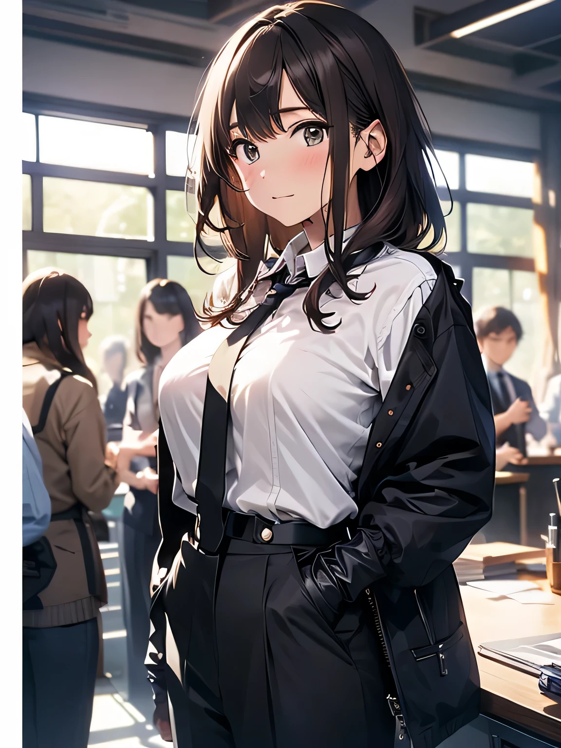 Brown hair、watching at viewers black suspenders bulging big tits walls: Gaze a small face bangss holster Beautuful Women Hands up レッグholster ベッドに横たわる Gaze black suits Cutter shirt 校服 OL salaryman Provocation flank flank汗 Single hand gloves arms are