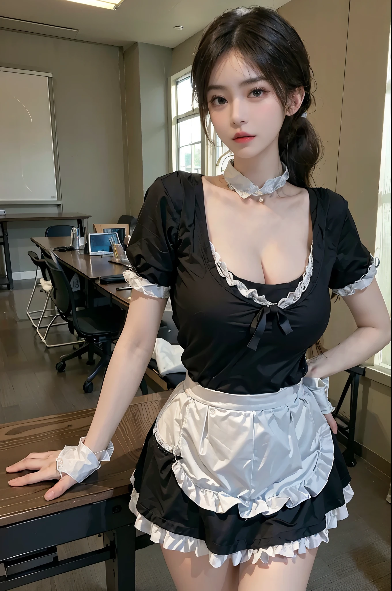 Special clothes39,maid, Best quality,ultra - detailed,actual,A high resolution,sporty attire,Big breasts are beautiful的女人, ‎Classroom, classroom desk, 坐在classroom desk上,suns rays,Big breasts are beautiful,Exquisite,Amazing Cleavage,