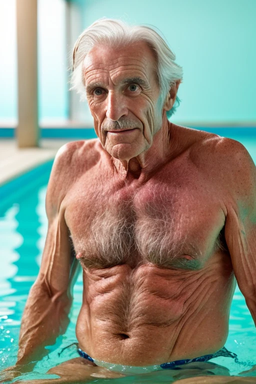 John Glover, An elder with a long beard and white hair, with a serene face wrinkles, looking producing, body older weak, skinny bones hairy, body naked, his shirt was open to reveal his stomach wrinkles older hairy weak and chest, arms legs neck hands feet skinny old and weak, shy and blushed, Lying in the bath swimming pool,master-piece,4K images,beste-Qualit