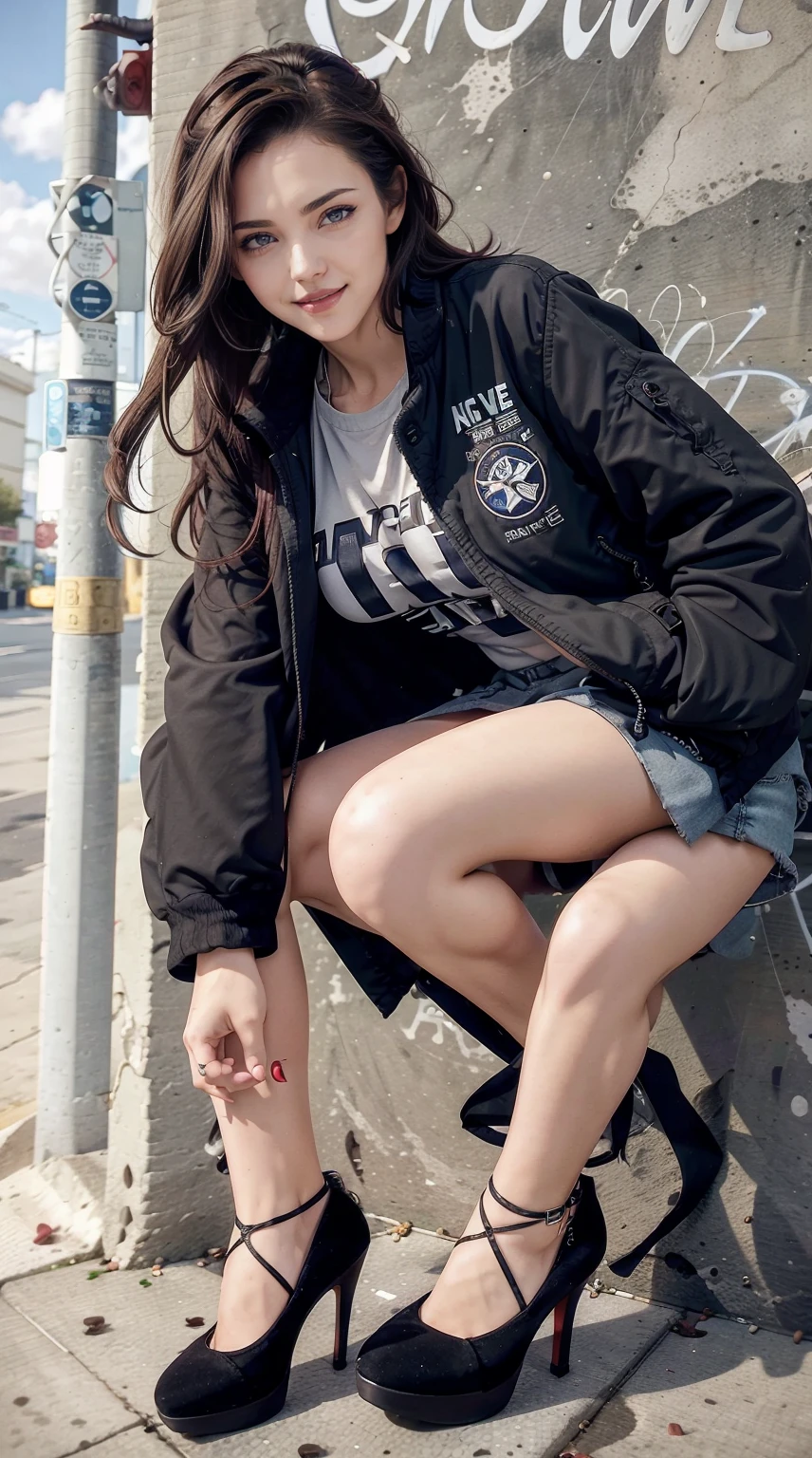 19-year-old woman、Hair color is brunette、Eye color is blue、Longhaire、wearing eye shadow and lipstick、Slender but well-proportioned muscular body、a smile、huge tit、is wearing  jacket、He wears a shirt with a logo inside his jacket.、I&#39;m wearing skirts、I'm wearing high heels、a smile、You&#39;re in the middle of an old concrete wall with wall art、The sun is shining from above、You have your hands in your jacket pockets.、a smile、squatting down