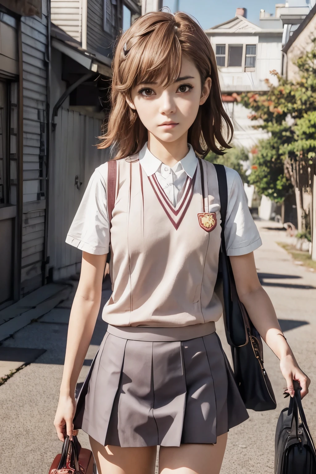 anime girl in school uniform walking down a narrow street, anime visual of a cute girl, anime moe artstyle, makoto shinkai. digital render, beautiful anime high school girl, young anime girl, kantai collection style, makoto shinkai style, smooth anime cg art, makoto shinkai art style, official art, attractive anime girl，Misaka Mikoto，with short golden hair，Short hair，JK school uniform