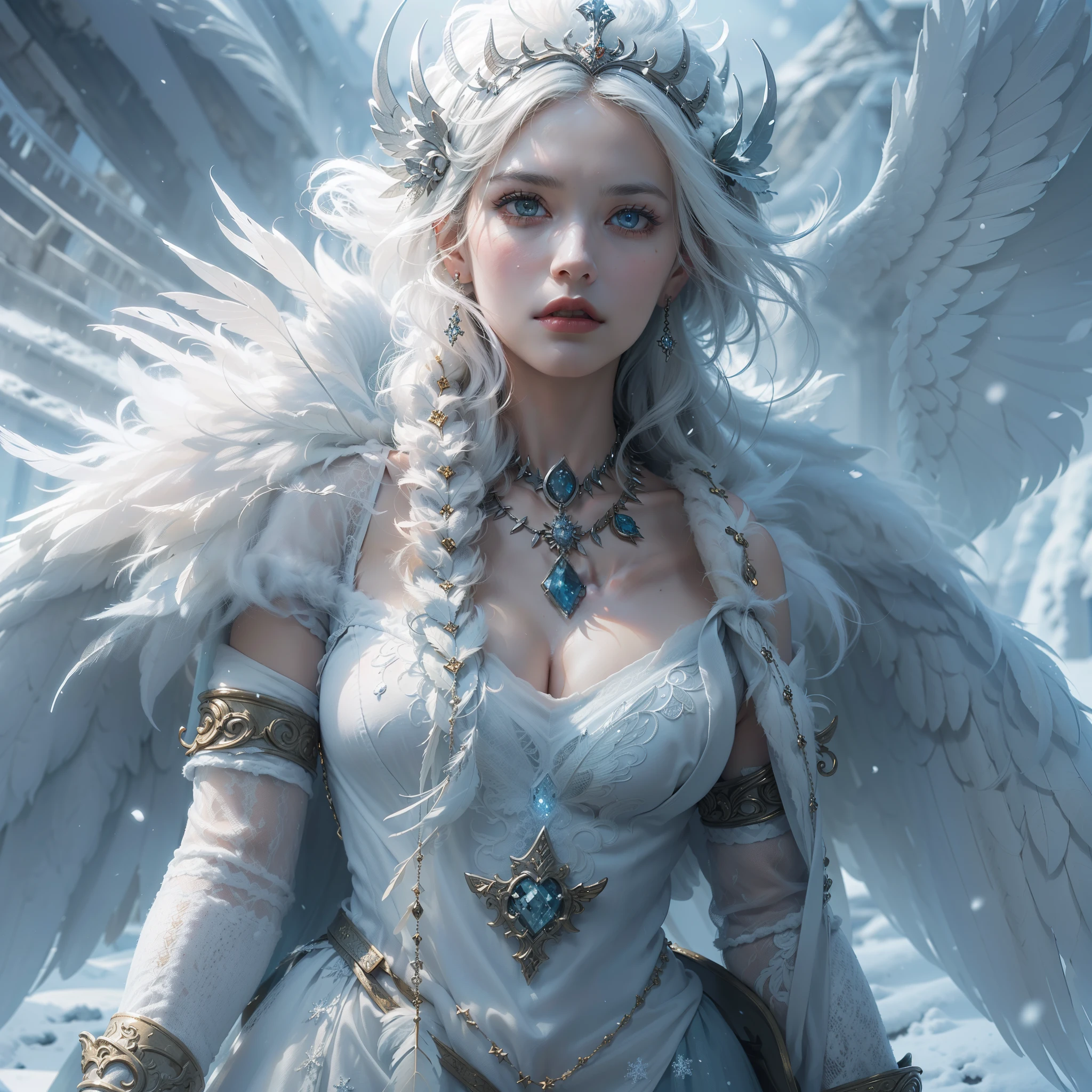 (award-winning masterpiece, incredibly detailed, textured and maximum detail), (hyper realism:1.4), (realism:1.3), (top quality realistic textured skin), (detailed true circle symmetrical eye catching exquisite face), ((medieval world)), ((Lord devil)), ((Lord frozen (The frozen arctic demon)), (eyes bright and burning like snow)), (she has a sad expression), (eyes glowing in the dark: 1.8), (strong light from within: 1.7), (pure white snow costume), ((and strong snow swirls in the background)), (dramatic light), (majestic scene), (her expression is gentle and beautiful, but somehow terrifying), (large wings with feathers behind her shoulders:1.6), snow glass earrings, (dramatic photo:1.7), (seductive pose), ((dramatic pose)), (gorgeous photo), (golden hair), (silver hair), (chestnut hair) short-cut hair, (full-length portrait:1.7), ((examining)), ((looking down)), (full-length standing view:1.8), (gives full-length standing view:1.8), (elaborately crafted necklace of snow around her neck), (bioluminescent with brilliant glow:1.1), (swirls and snow ), Satanic great temple, Satanic grand shrine, old ruins infested with vegetation, great temple, great cathedral, temple ruins, detached temple, (luminous magic circle), ruins of ancient castle, abandoned ruins, crumbling ruins, epic realism, fading, art book, (Greg Rutkowski:0.8), (teal and orange:0.4) (Artbook station:1.5), cinematic, ((neutral tints)), (ticker:1.5), (muted colors:1.2), hyperdetailed, dramatic light, (elaborate detail:1.1), background complex, snow, snowflake