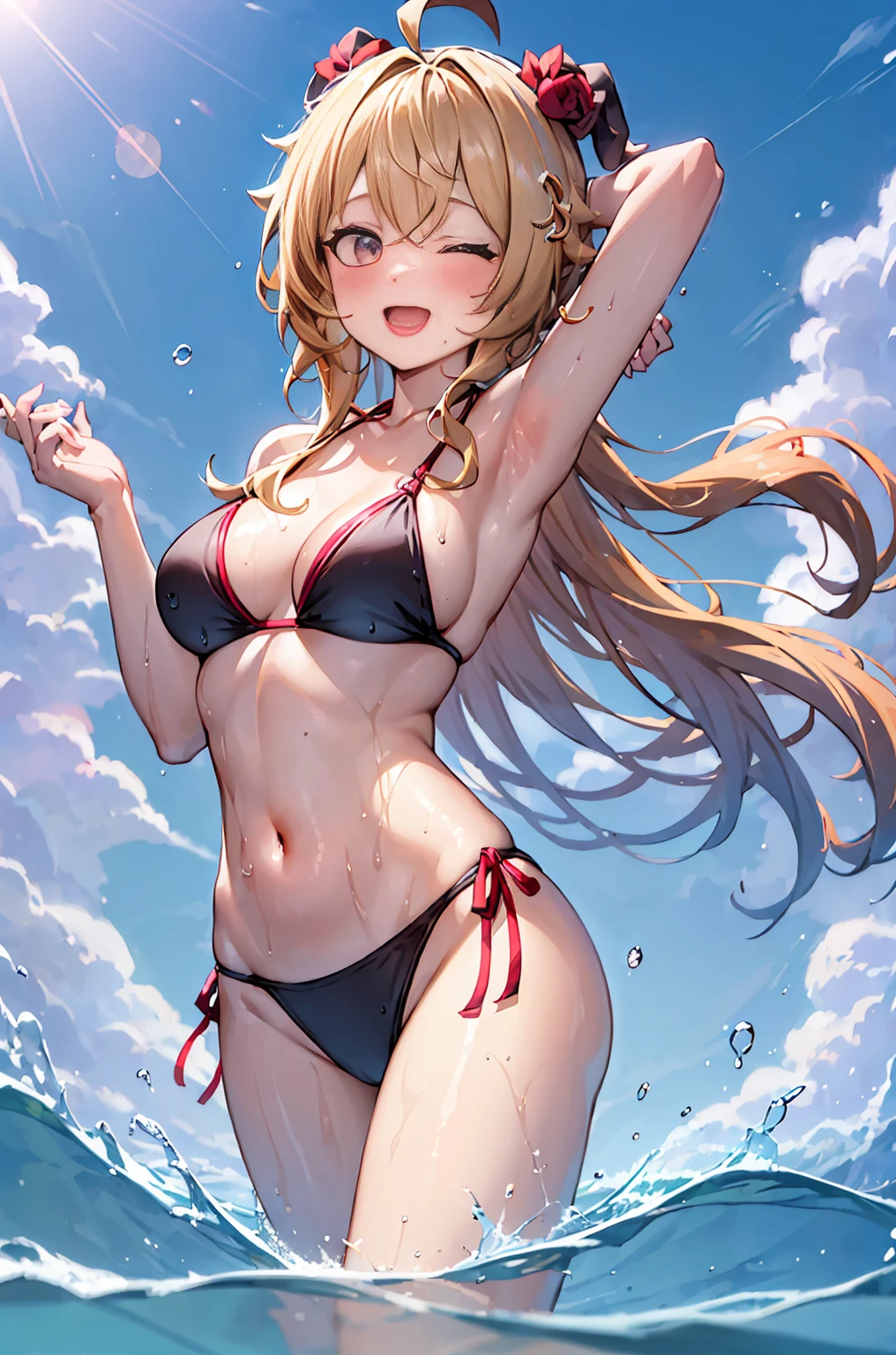 Best quality, tmasterpiece, Incredibly beautiful, very elaborate 8K wallpaper, otherworldly beautiful girl, , (White skin of the), (blonde hair pink gradient hair), Side pony, intermittently, Open your mouth and laugh, Long eyelashes, cosmetics, One eye open, (zoomout, bigger, BigREAK, 夏天, Beachy, Wear a bikini, Reflection in the water, (Floating water drops blur foreground), (blue-sky), lens flare glow, (water splash), rays of sunshine,
