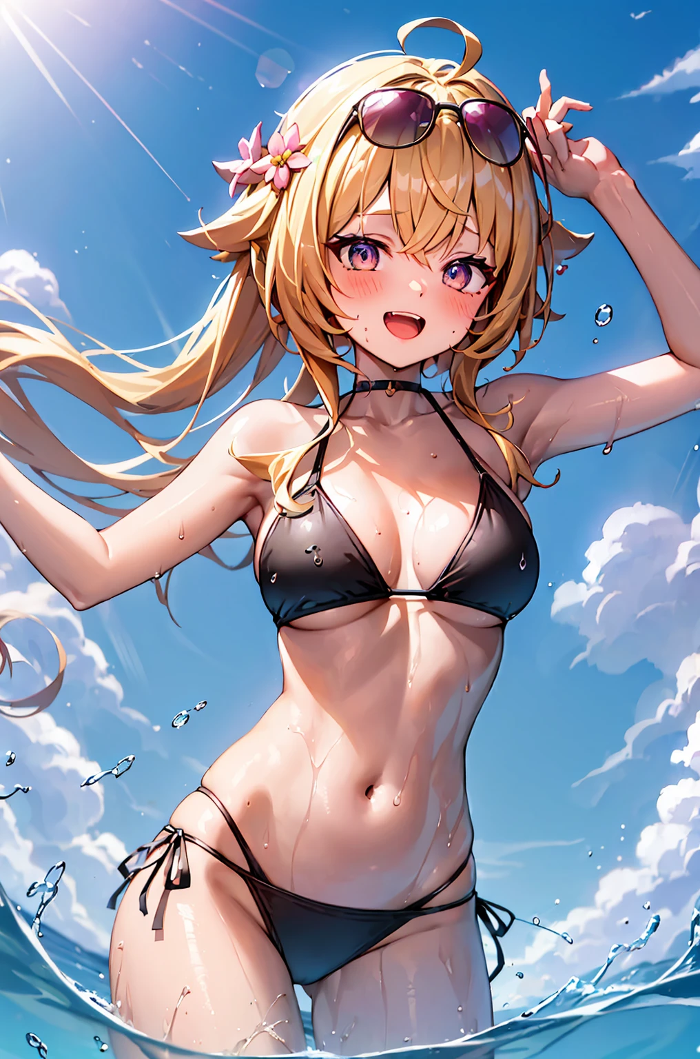 Best quality, tmasterpiece, Incredibly beautiful, very elaborate 8K wallpaper, otherworldly beautiful girl, , (White skin of the), (blonde hair pink gradient hair), Side pony, intermittently, Open your mouth and laugh, Long eyelashes, cosmetics, One eye open, (zoomout, bigger, BigREAK, 夏天, Beachy, Wear a bikini, Reflection in the water, (Floating water drops blur foreground), (blue-sky), lens flare glow, (water splash), rays of sunshine,