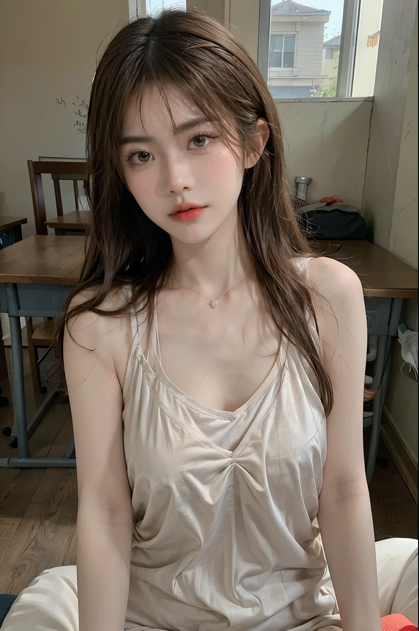 summer4, Best quality,ultra - detailed,actual,A high resolution,sporty attire,Big breasts are beautiful的女人, Classroom, classroom desk, 坐在classroom desk上,suns rays,Big breasts are beautiful,Exquisite,Amazing Cleavage,