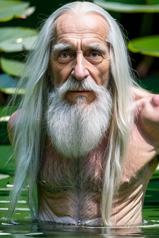 An elder with a long beard and white hair, with a serene face wrinkles, looking producing, body older weak, skinny bones hairy, body naked, his shirt was open to reveal his stomach wrinkles older hairy weak and chest, arms legs neck hands feet skinny old and weak, shy and blushed, Lying in the water,water lily,lotus leaf,Closed eyes,master-piece,4K images,beste-Qualit