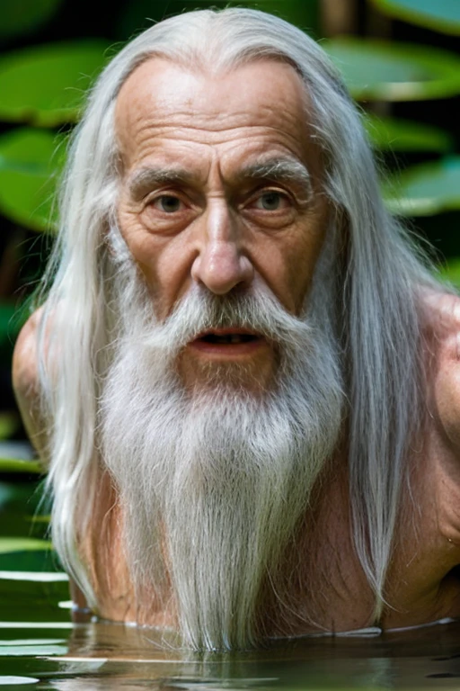 An elder with a long beard and white hair, with a serene face wrinkles, looking producing, body older weak, skinny bones hairy, body naked, his shirt was open to reveal his stomach wrinkles older hairy weak and chest, arms legs neck hands feet skinny old and weak, shy and blushed, Lying in the water,water lily,lotus leaf,Closed eyes,master-piece,4K images,beste-Qualit