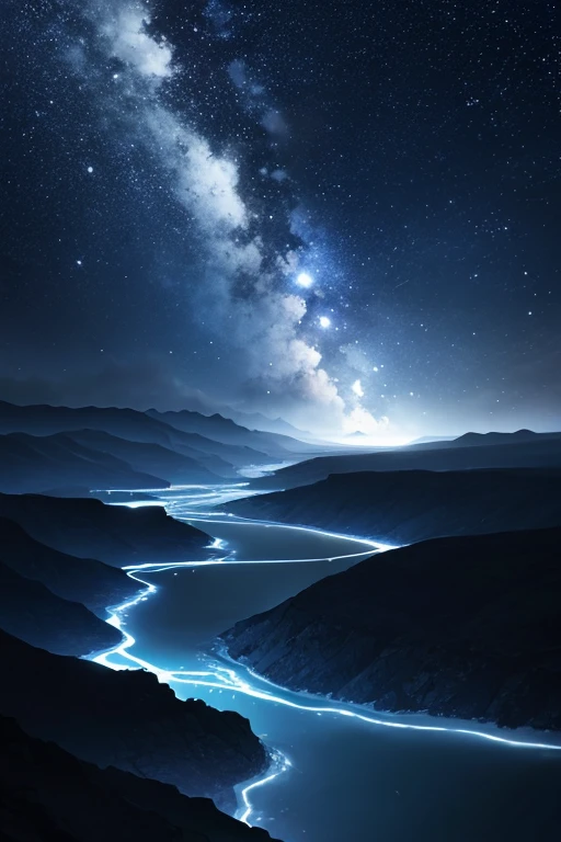 empty dark blue metal desert, no buildings, no structures, dark blue storm clouds, light blue lightning from the clouds, blue river, river to the horizon, electrified river, light blue lightning from the river, space sky, stars in the sky, realistic, watercolor, 4k, high quality, high attention to detail.