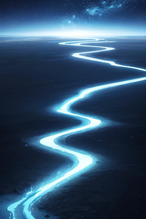 empty dark blue metal desert, no buildings, no structures, dark blue storm clouds, light blue lightning from the clouds, blue river, river to the horizon, electrified river, light blue lightning from the river, space sky, stars in the sky, realistic, watercolor, 4k, high quality, high attention to detail.