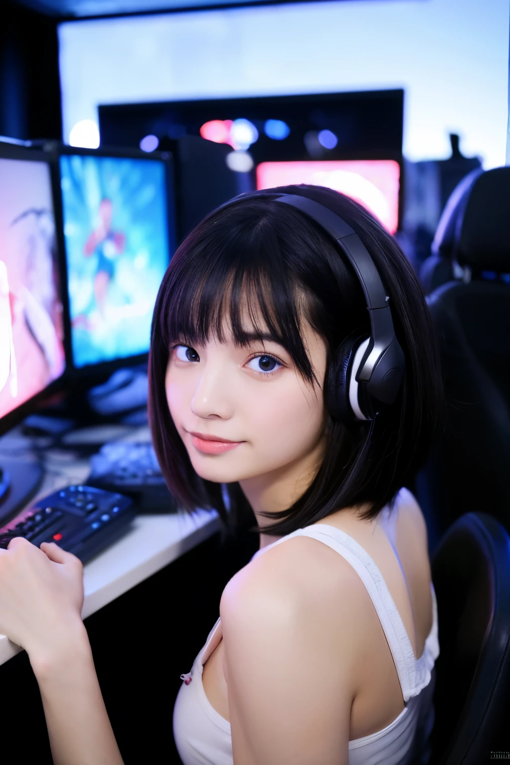 masterpiece, highest quality, 8K, super dense skin, perfect anatomy,Upper body, hot, cute, 1 girl, colorful short hair,straight hair,oily shiny skin,black hoodie,headphones,on the bed,18-year-old,on the bed,cross your legs,looking at the viewer,sharp focus,center the focus,Little devilish smile,double eyelid,detailed face,smooth skin,highly detailed eyes,Excited,Detailed finger depiction,sexy pose