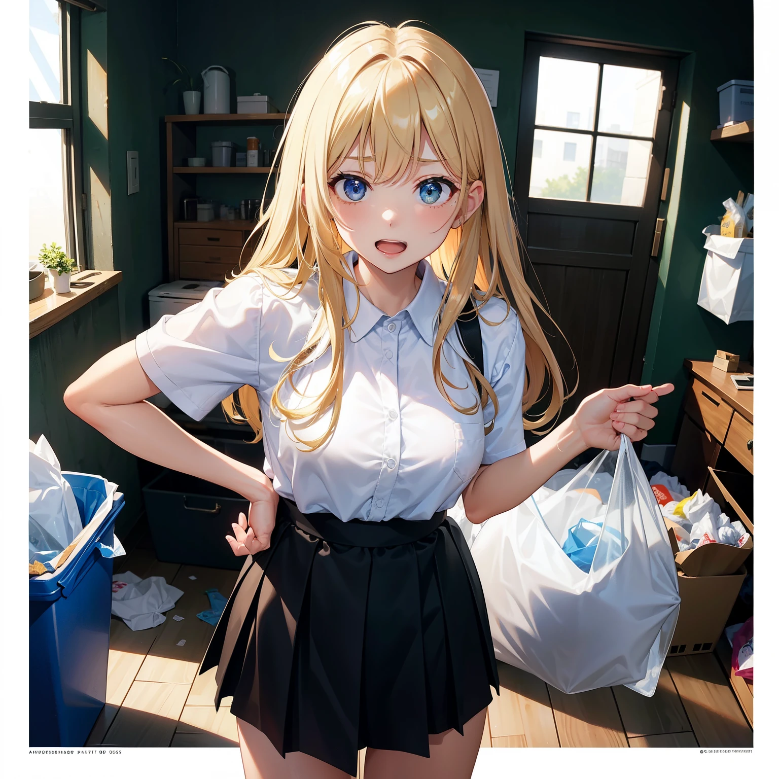 blond hair, she is getting rid of old panties just now,{{{she is putting old underwears in trash bags}}}, she is threwing out some old underwears into trash bag just now, {{{a lot of collorful underwears are into Translucent-trash-bag}}}, living room,disgusted face,displeasure,{{{disgusting:1.5}}},naughty smile,indoor, i can see that inside of trash bags,open mouth,focus on trash bag, leaning forward, cowboy-shot,skirt,open mouth,focus on trash bag,{{{leaning forward}}},hold trash bag in hand,{{{trash-bag}}}, {{{sheer-trash-bag}}},focus on
Transparent-trash-bag,The trash-bag is so
Transparent that cotents is visible