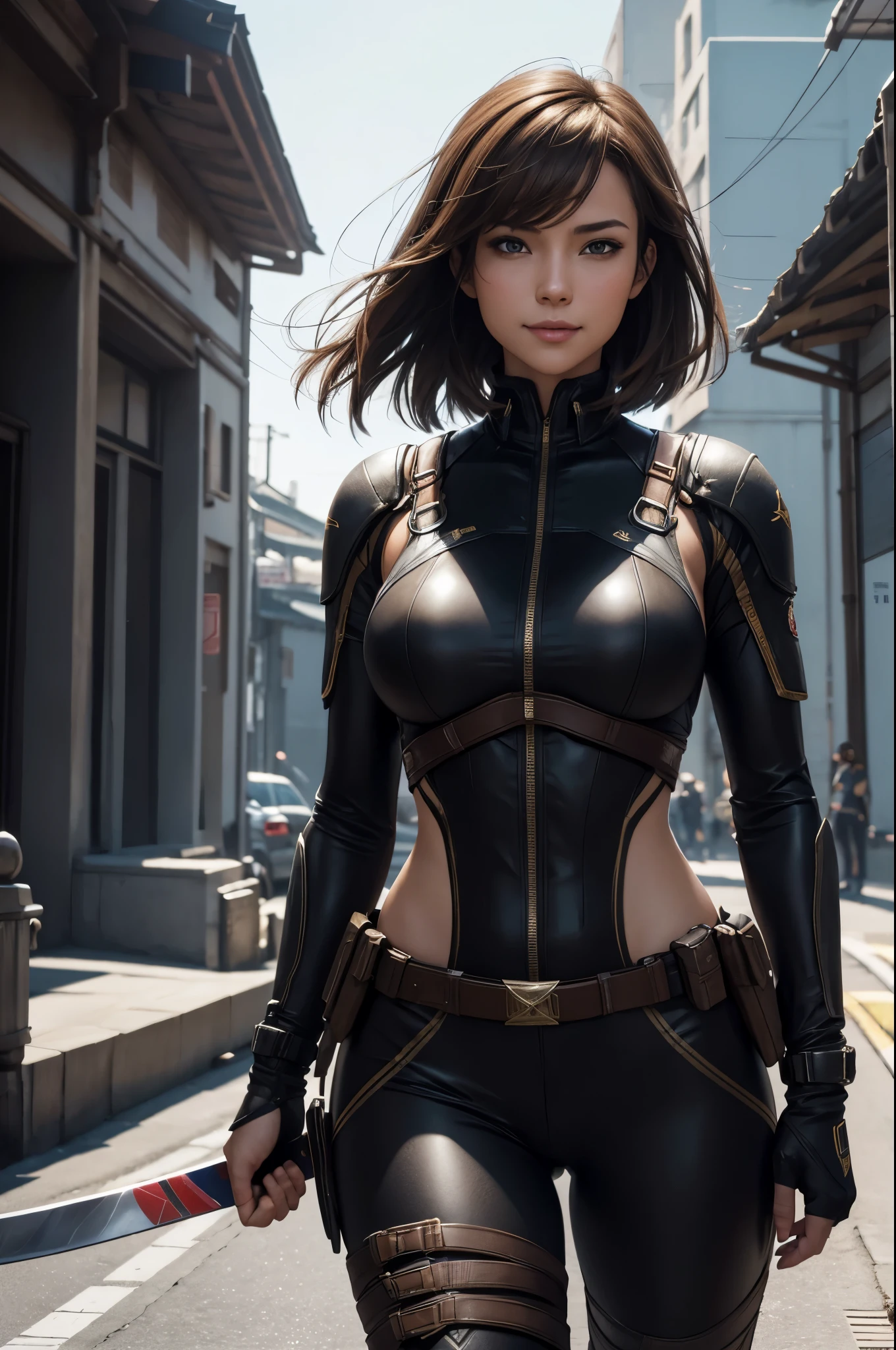 8K,Light brown hair shortcut hair,Super beautyな日本の女性, large full breasts,Big smile,Super beauty(Like the real thing)wear black combat uniform,black combat pants, A sexy,deviantart artstation cgscosiety, 3Dレンダリングcharacter art8 K, alena aenami and artgerm, wojtek fus, trending on Artstation 8k, trending on artstation hd, adventure hyper realistic render, realistic shaded perfect body, Photorealistic perfect body, The ultra -The high-definition,超A high resolution,A hyper-realistic,Holds a large and long Japanese sword,Fantasyart,character art,High Quality,A sexy,combat scene,action scene,actionpose,Brown-haired shorthair,