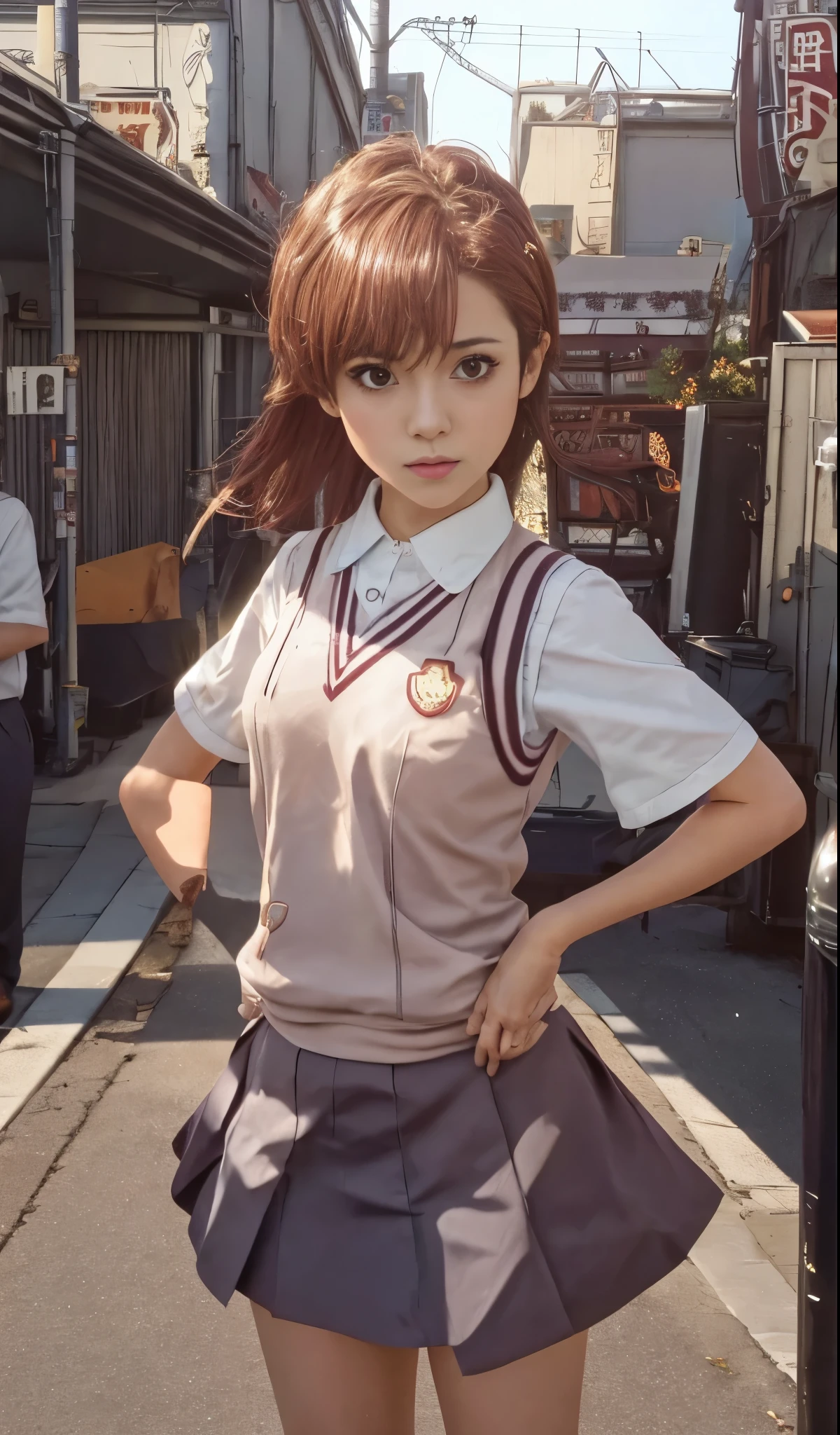 anime girl in school uniform standing on a city street, kantai collection style, anime visual of a cute girl, railgun, makoto shinka, beautiful anime high school girl, makoto shinkai. digital render, seifuku, anime moe artstyle, anime visual of a young woman, sayori, a hyperrealistic schoolgirl, makoto，Misaka Mikoto，with short golden hair，Short hair，JK school uniform