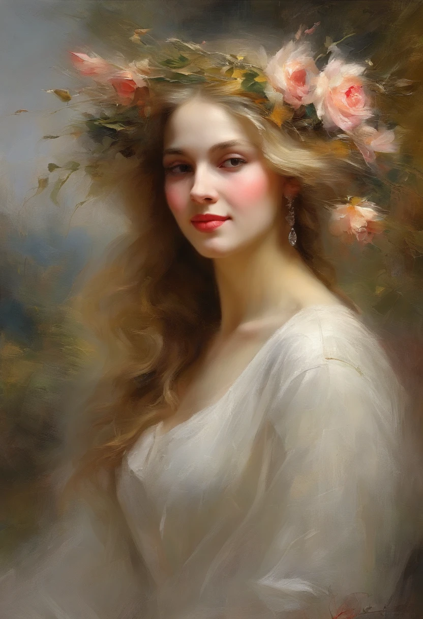 Best quality,super-fine,oil painted,Woman with long hair,A flower stuck in his hair, beatiful detailed eyeeautiful detailed lips,详细的脸,soft flowing hair,a hint of smile,Clothing in vibrant colors,In the setting sun,Vivid brushstrokes,classic profile portrait,Subtle lighting contrast,depth and dimensionality,Delicate skin texture,fine strands,realistic expression,tmasterpiece:1.2