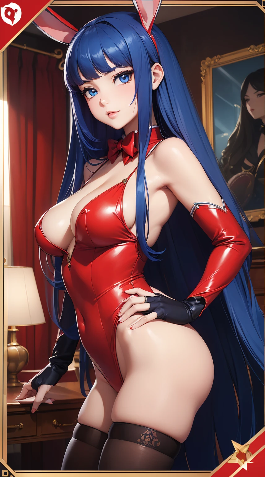 (tmasterpiece, quality, Best quality at best, offcial art, Beautiful and beautiful:1.2)Long blue hair,Mechanical card issuance,Refined face,Be red in the face,rabbit dress up,onesie,Crop topping,blackstockings,In the room,Sexy figure,Sexy action。a sultry