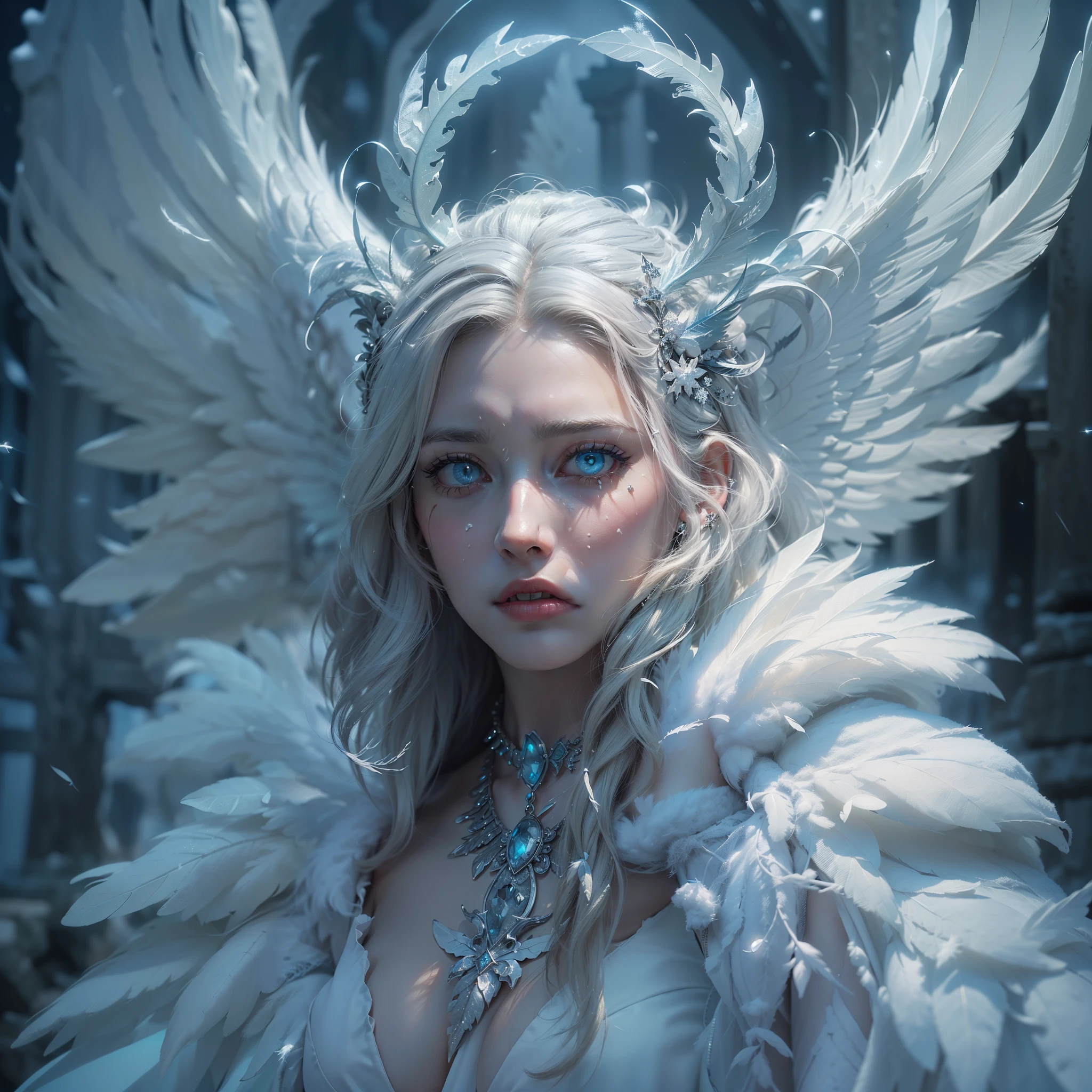 (award-winning masterpiece, incredibly detailed, textured and maximum detail), (hyper realism:1.4), (realism:1.3), (top quality realistic textured skin), (detailed true circle symmetrical eye catching exquisite face), ((medieval world)), ((Lord devil)), ((Lord frozen (the frozen arctic demon)), (eyes bright and burning like snow), (she is crying1.8), (eyes glowing in the dark:1.8), (strong light from within:1.7), (pure white snow costume), ((and strong snow swirls in the background)), (dramatic light), (majestic scene), (her expression is gentle and beautiful, but somehow terrifying), (large wings with feathers behind her shoulders:1.6), snow glass earrings, (dramatic photo:1.7), (seductive pose), ((dramatic pose)), (gorgeous photo), (golden hair), (silver hair), (chestnut hair) short-cut hair, (full-length portrait:1.7), ((examining)), ((looking down)), (full-length standing view:1.8), (gives full-length standing view:1.8), (elaborately crafted necklace of snow around her neck), (bioluminescent with brilliant glow:1.1), (swirls and snow ), Satanic great temple, Satanic grand shrine, old ruins infested with vegetation, great temple, great cathedral, temple ruins, detached temple, (luminous magic circle), ruins of ancient castle, abandoned ruins, crumbling ruins, epic realism, fading, art book, (Greg Rutkowski:0.8), (teal and orange:0.4) (Artbook station:1.5), cinematic, ((neutral tints)), (ticker:1.5), (muted colors:1.2), hyperdetailed, dramatic light, (elaborate detail:1.1), background complex, snow, snowflake