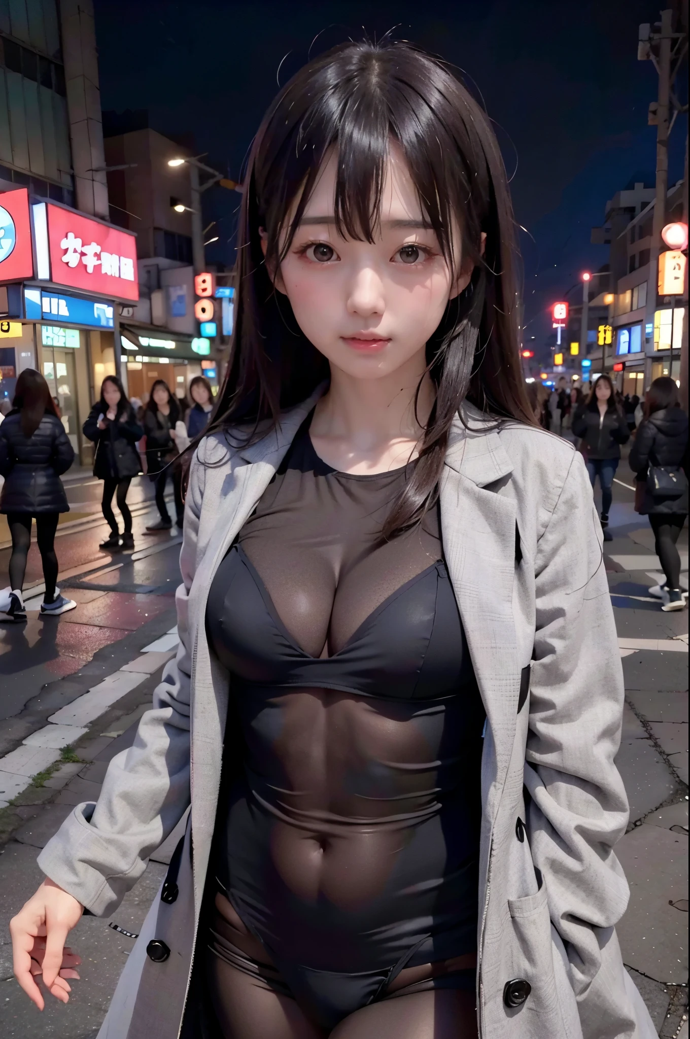 1人, on tokyo street, A city scape, city light, The upper part of the body, a closeup, look happy, and look at the audience, low angles, (8K, Raw photography, top-quality, ​masterpiece:1.2), natta, (realisitic、フォトrealisitic:1.37), Beautiful Asian girl wearing an overcoat and posing, A glimpse of black underwear, Suppin, goddess of Japan, Japanese Models, perfect bodies, amazing goddess shots, Photorealistic face, detaileds