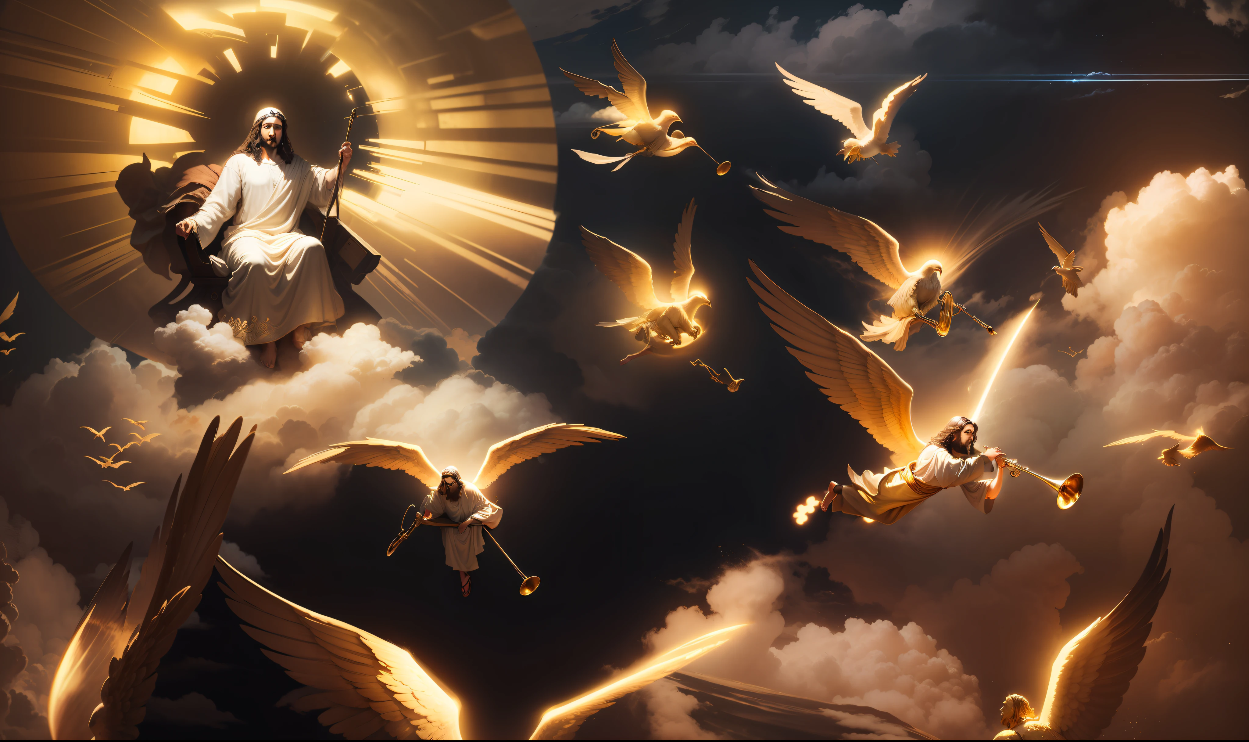 Jesus Christ seated on his golden throne on the clouds of heaven, a seu lado anjo voando tocando trombetas.