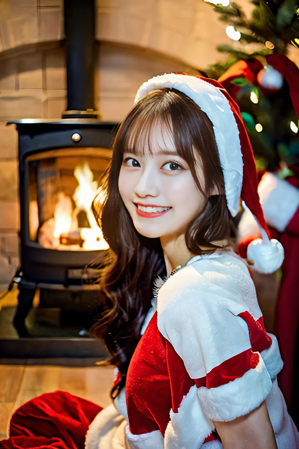 top-quality、Top image quality、masterpiece、teens girl((Christmas、、18year old、 Ager、Best Bust、big bast,Beautiful wide open light blue eyerest, a blond、A slender,Large valleys、dye one's cheeks red、Reflecting the whole body、Laugh、dance、red cloak、Shy face、embarassed face、sprawl)),hiquality、Beautiful Art、Background with((my stylish night room、Christmas Wind、Stove、Red carpet on the floor、fireplace、Christmas tree、Red bed、Kotatsu、Christmas present)))、masutepiece、depth of fields,